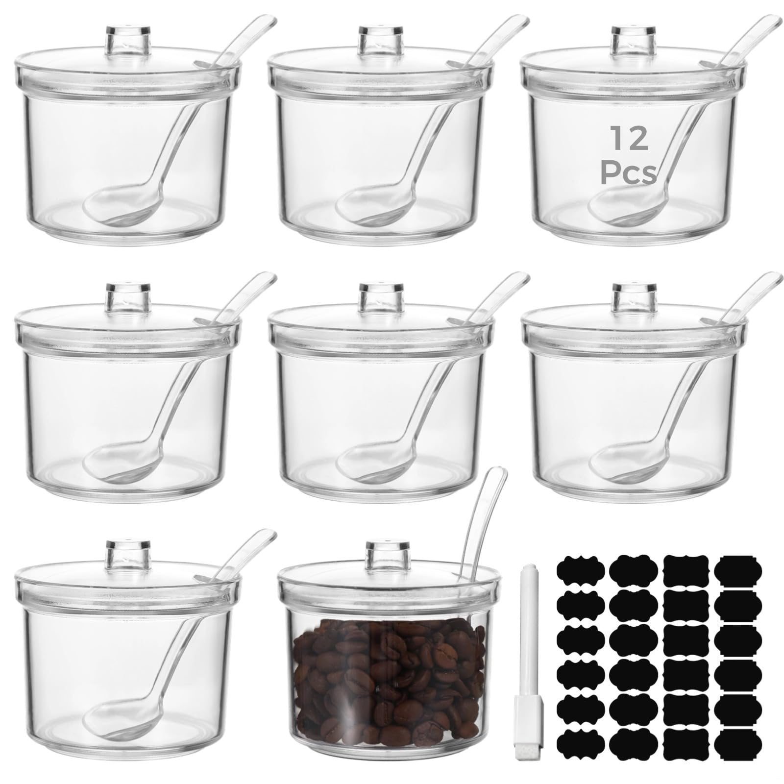 Transparente Zuckerdose für Kaffee, Tee, Gewürze, 200 ml, mit Deckel und Löffel, Acryl-Zuckerbehälter mit Stift und 24 Etiketten, 12 Stück