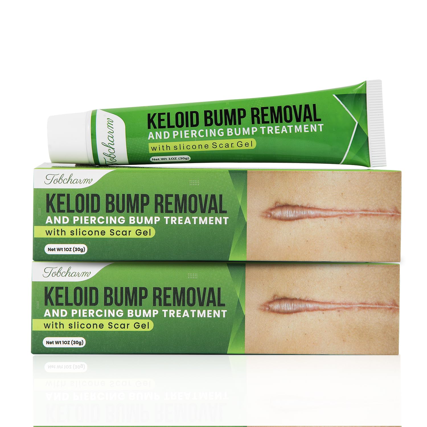 Tobcharm Advanced Keloid Bump Removal Gel, Silicone Scar Removal Cream for Keloid Treatment, Piercing Bumps, Acne Scars, Surgical Marks & Burns, Scar Gel for Ears, Face & Body 2-Pack (2×30g)