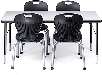 Chair and Table Set for Schools - Table About 24 x 48 inch (60 x 120cm) - Height Adjustable Legs -Spray Edges - and 4 Premium Classroom Chairs - for Commercial Spaces