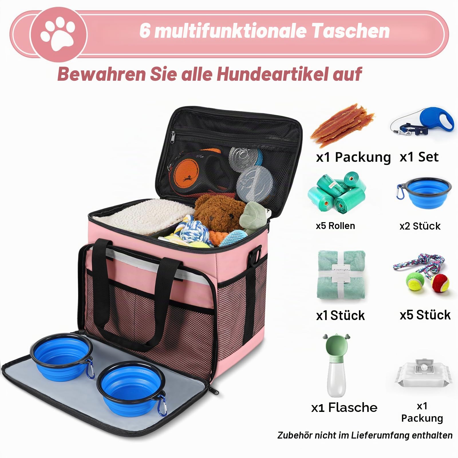 Set mit 6 Hundetaschen, enthält 2 Futterbehälter, 1 Hunde-Reise-Organizer, 2 Faltbare Näpfe, 1 Leckerli-Tasche, Rosa, Haustier-Reisetasche