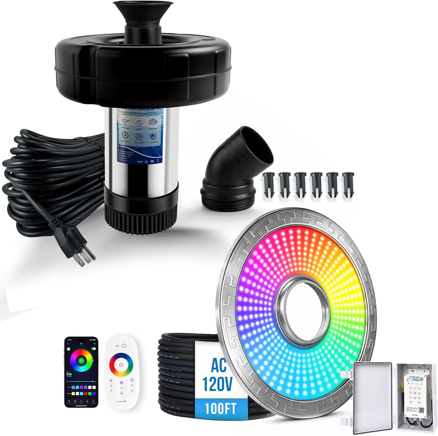 Pond Fountain Aerator, LED RGB Multicolor Aerator Floating Fountain Light, 750W 1HP 15000 GPH Floating Pump,IP68,for Ponds & Lakes