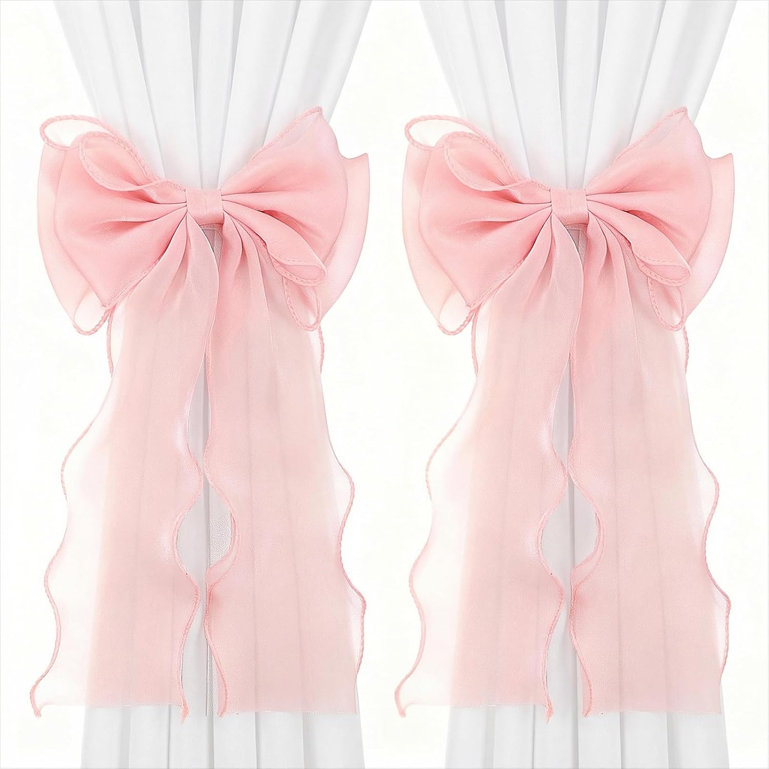 2 Pack Pink Curtain Tiebacks - French Silky Bow Curtain Tiebacks for Sheer Drapes Home Décor - Curtains Ties