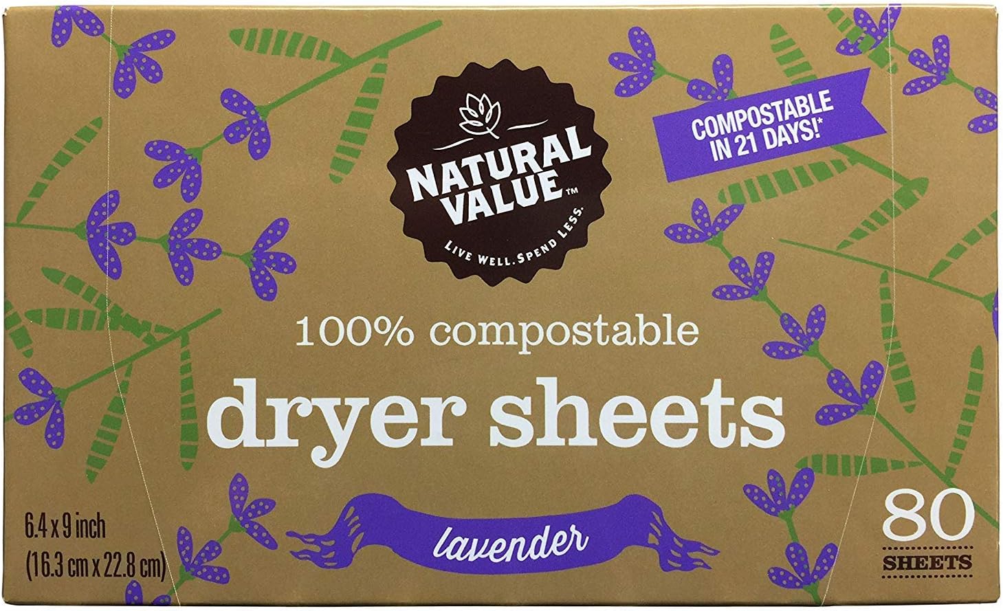 Natural Value 100 Compostable Dryer Sheets, Lavender, 80
