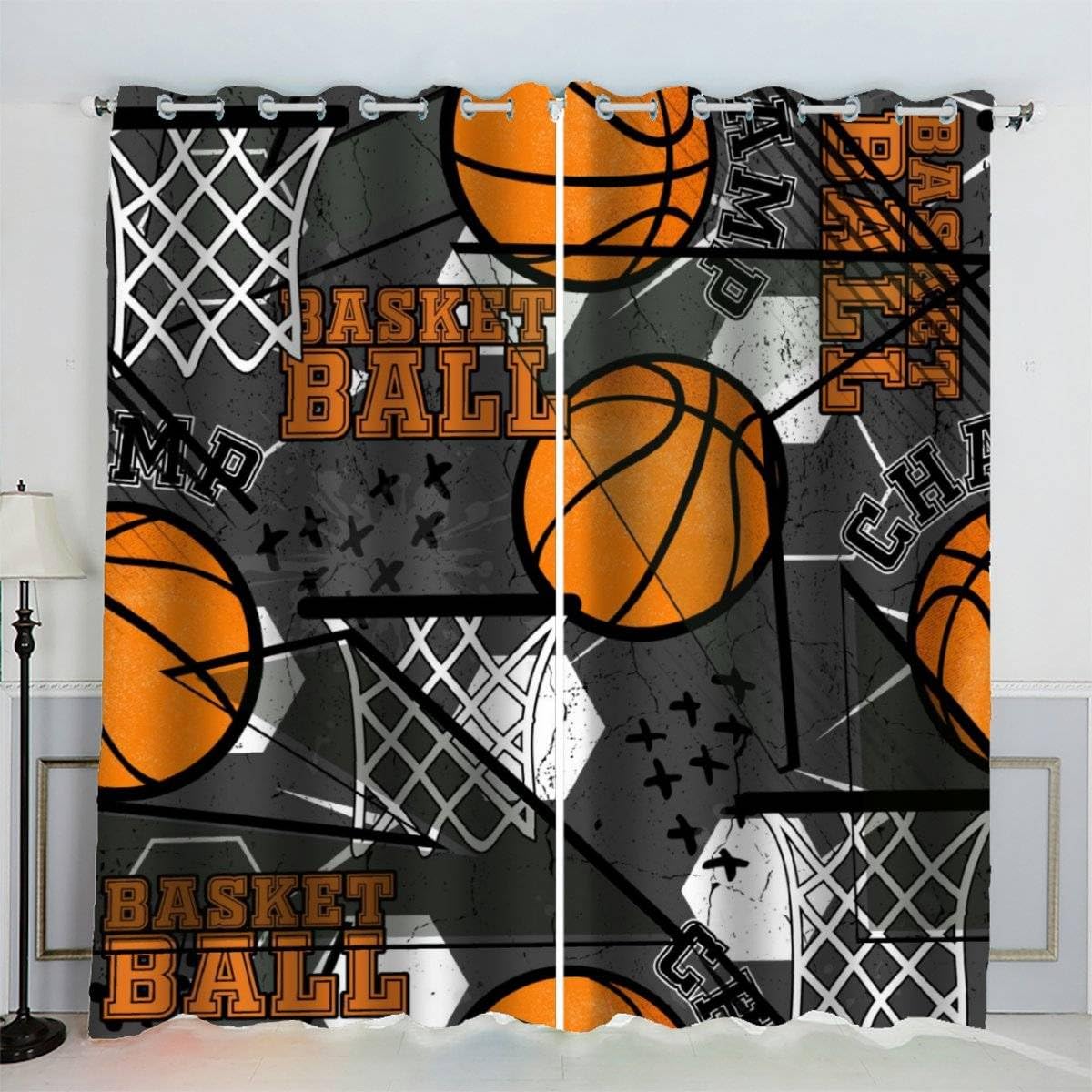 AKATIE Blackout Curtain Basketball Kid Insulated Drapes Basketball Pattern 3D Print Eyelet Window Curtains for Boys Girls Teens Children kids Bedroom Set of 2 Panels (W150xL166cm)