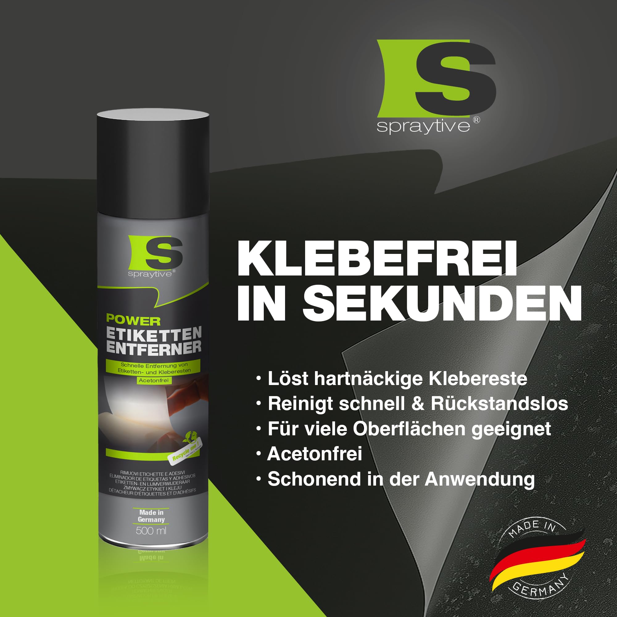 6 x 500ml Power Etikettenentferner – Acetonfrei, Klebereste-Entferner & Etikettenlöser, Reiniger für Aufkleber & Markierungsfarben – Schnelle, rückstandslose Entfernung - Made in Germany