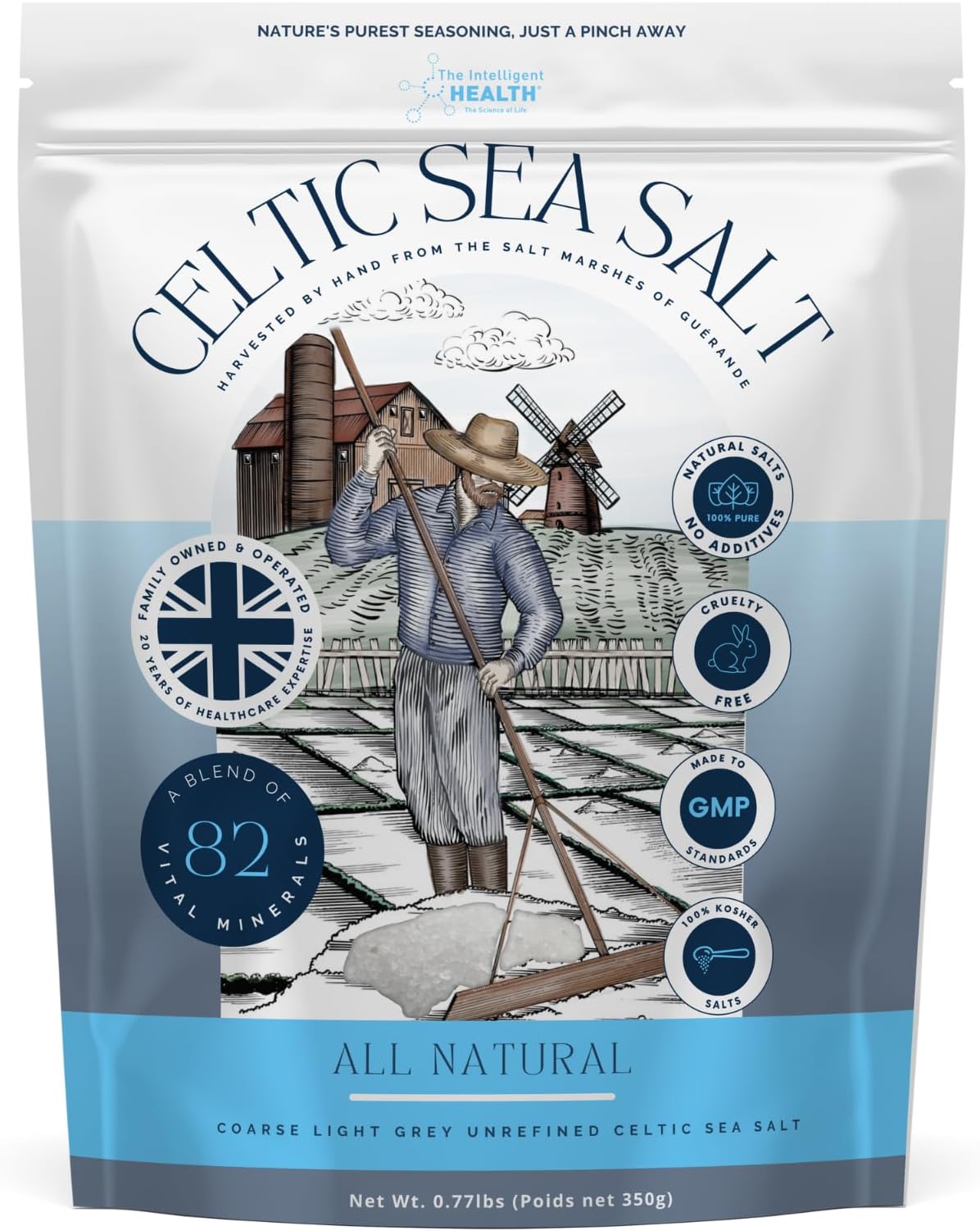 Celtic Sea Salt - Unrefined Light Grey Coarse Salt, Hand-Harvested in Guérande France - Natural, Kosher, Rich in 82 Vital Minerals - 350g