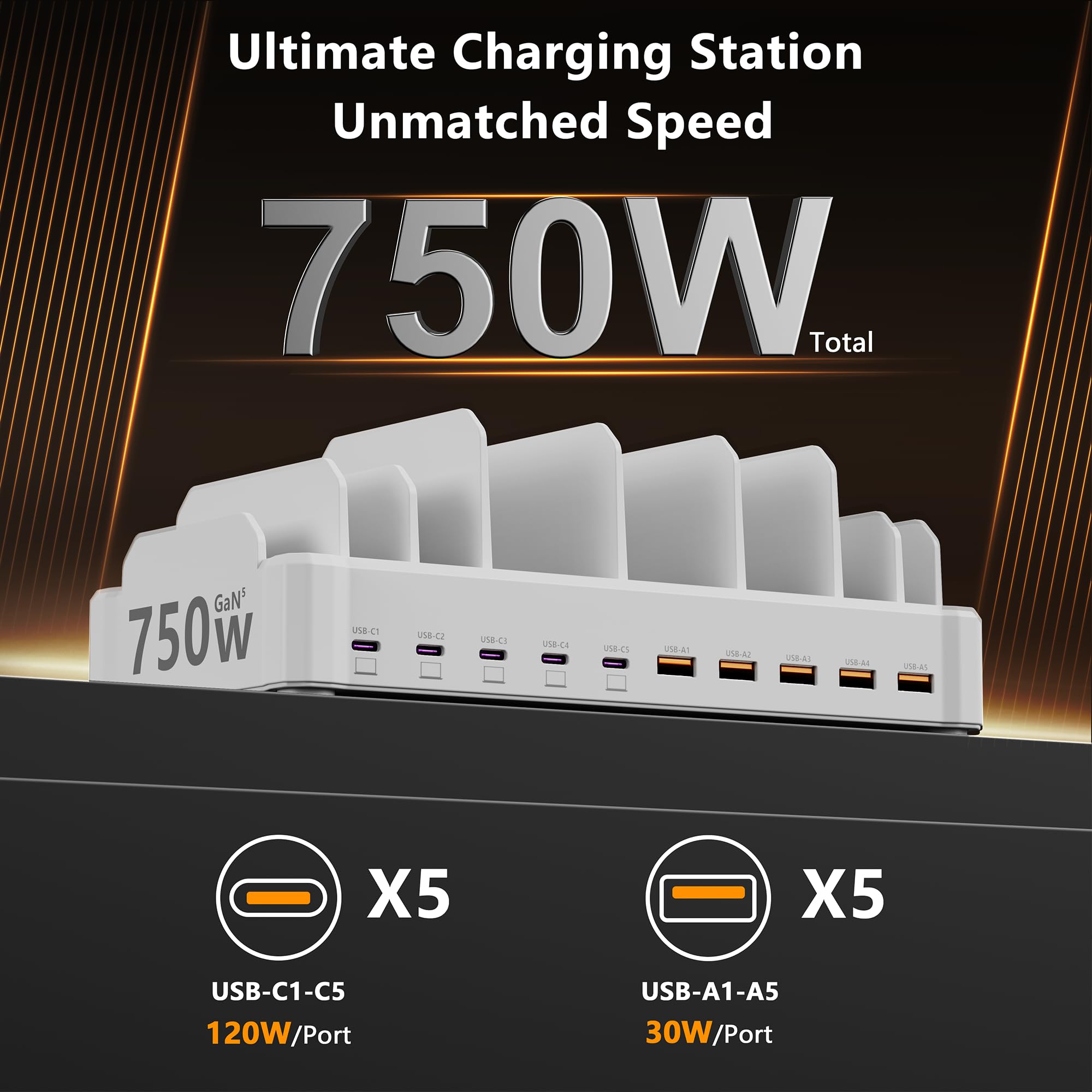zobirez Estación de carga de 750 W para múltiples dispositivos, cargador rápido de 10 puertos, 5 USB-C de 120 W cada uno y 5 USB-A de 30 W cada uno, hub de carga de escritorio para laptop, teléfono