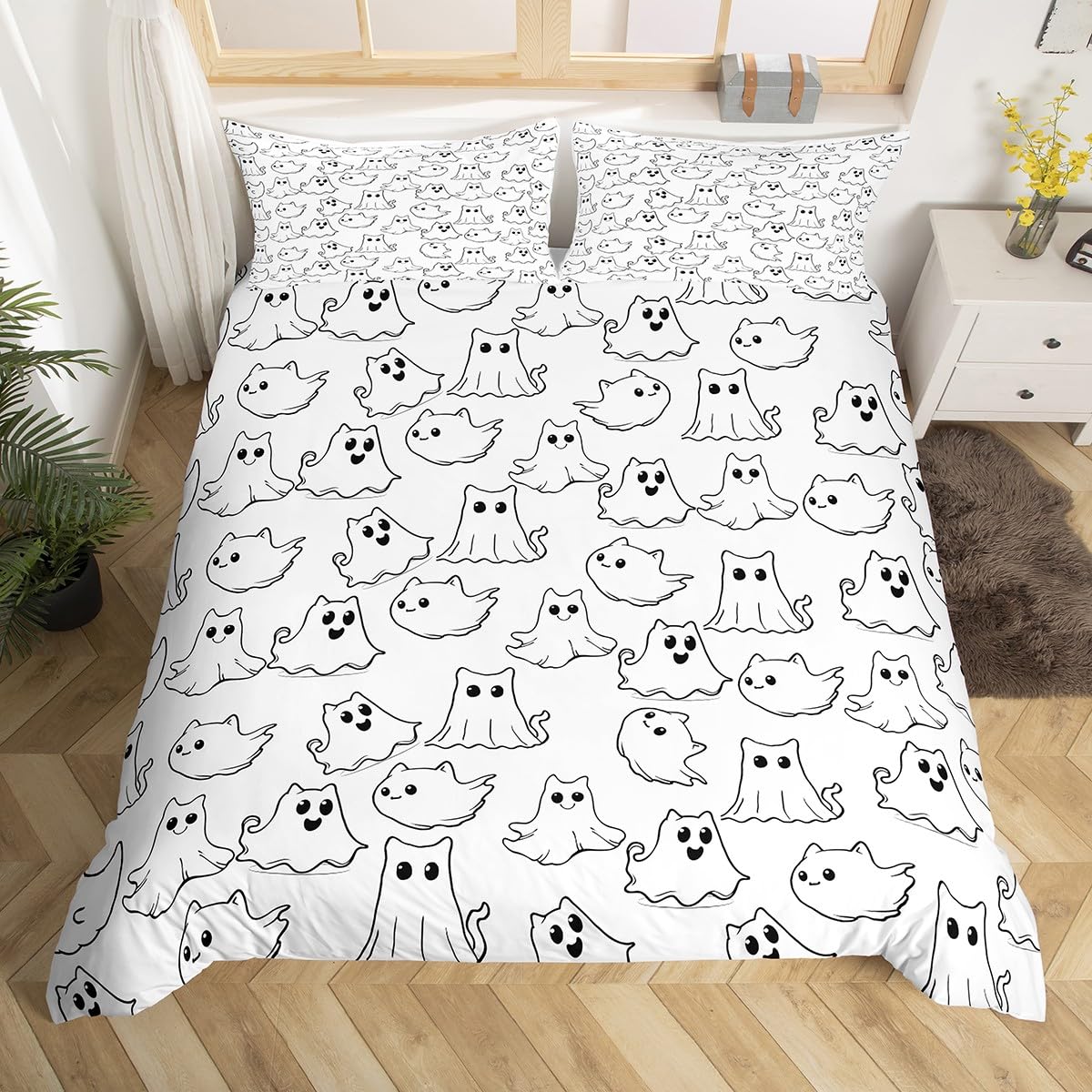 Feelyou Cartoon Ghost Bedding Set Twin Size Kids Kawaii Cute Ghost Comforter Cover Set for Boys Girls Teens Geometric Stripe Duvet Cover Halloween Theme Bedspread Cover?No Comforter