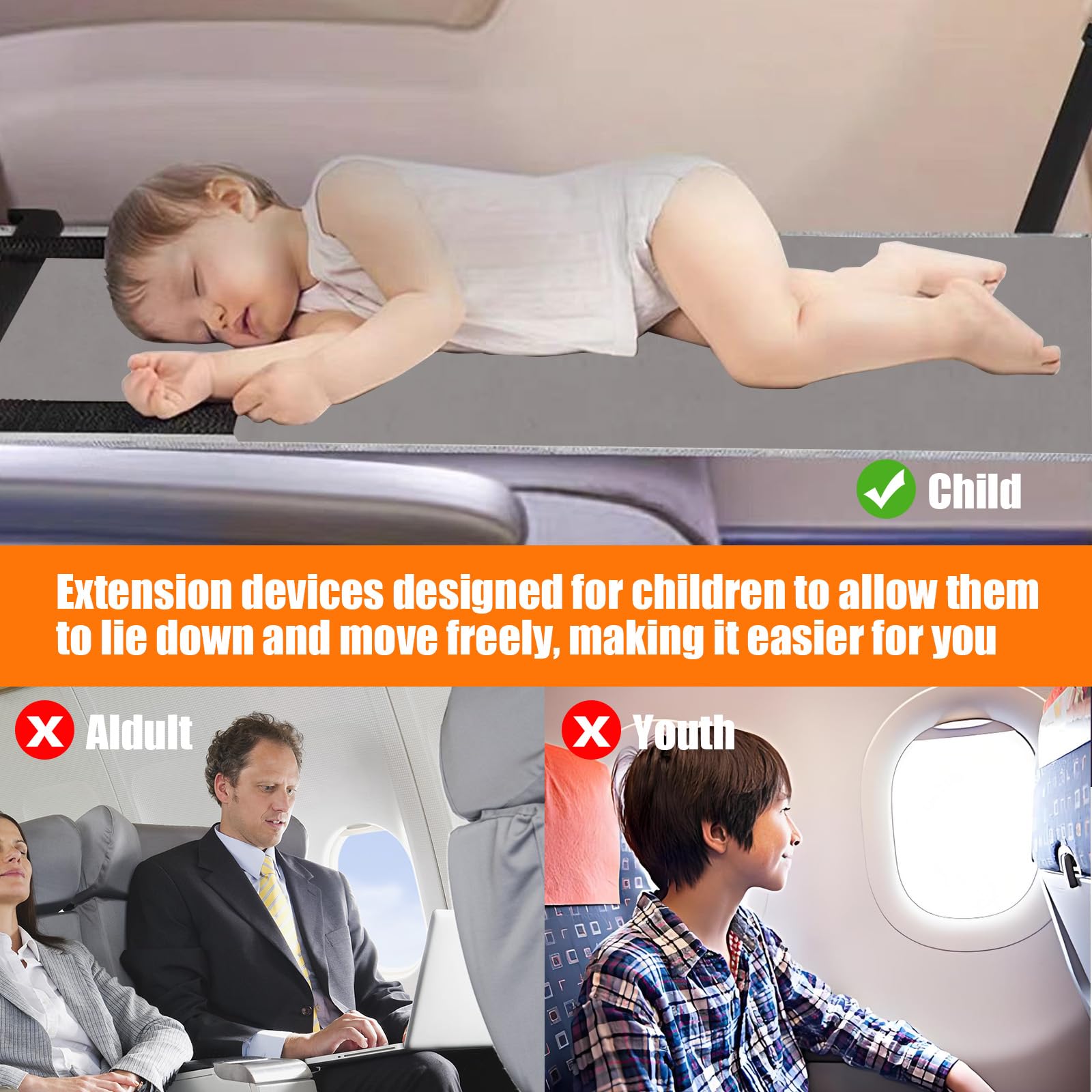 Amaca Da Viaggio Dell'Aereo Per Bambini, Letto Del Bambino con Cinturino Antiscivolo Regolabile e Tasche Laterali
