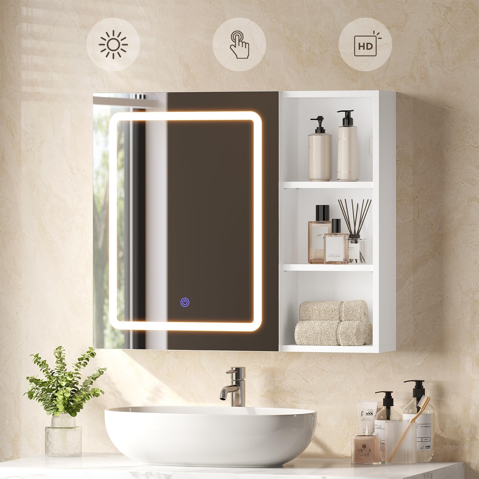 Badezimmer Spiegelschrank 70x60 cm mit LED-Beleuchtung,Verstellbare Regale