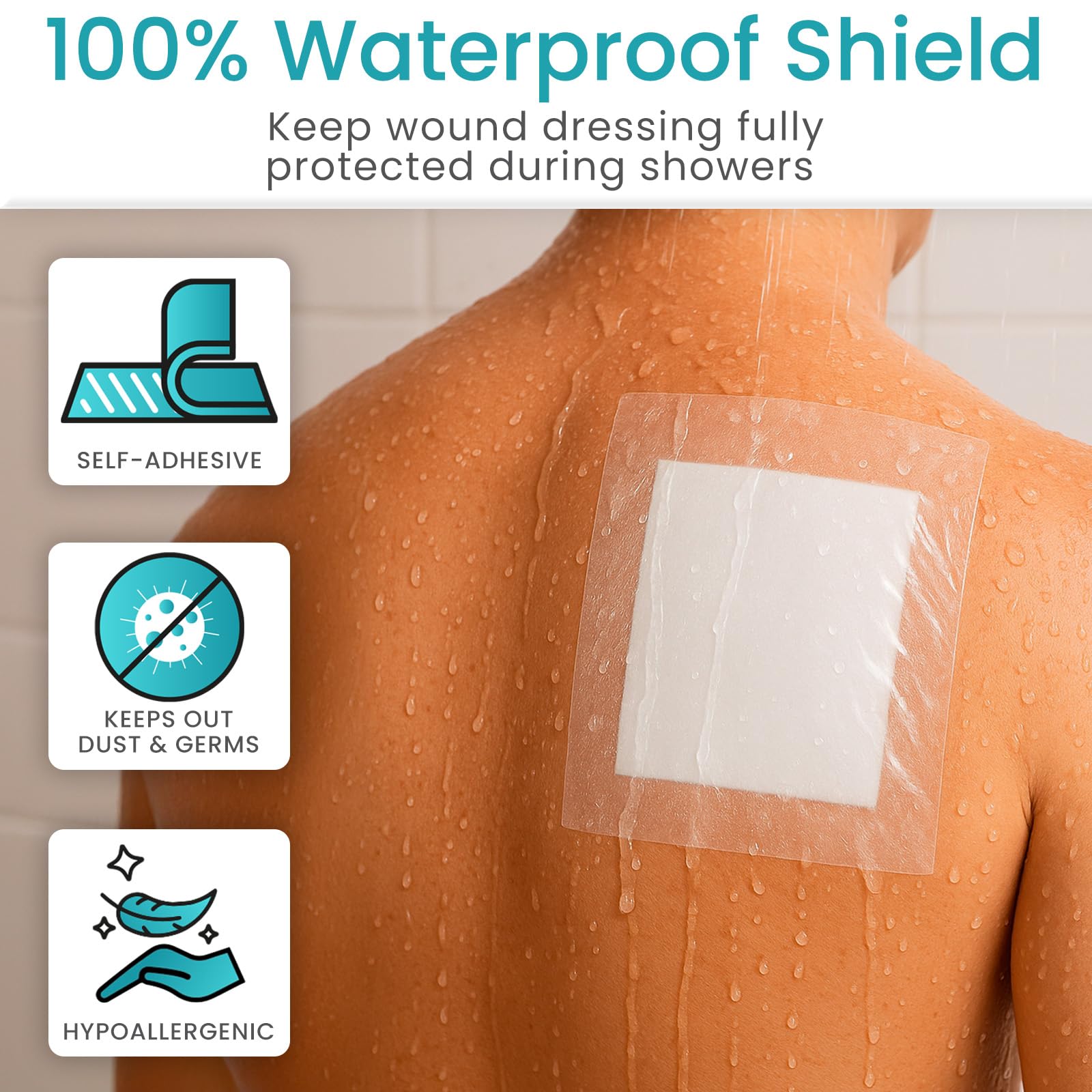 ViveCare Großer transparenter Folienverband, wasserdichte Bandagen, transparente Wundabdeckung zum Duschen, Tattoos, Duschschutz für nach Operationen, postoperative Pflaster für die Haut (17,8 x 17,8