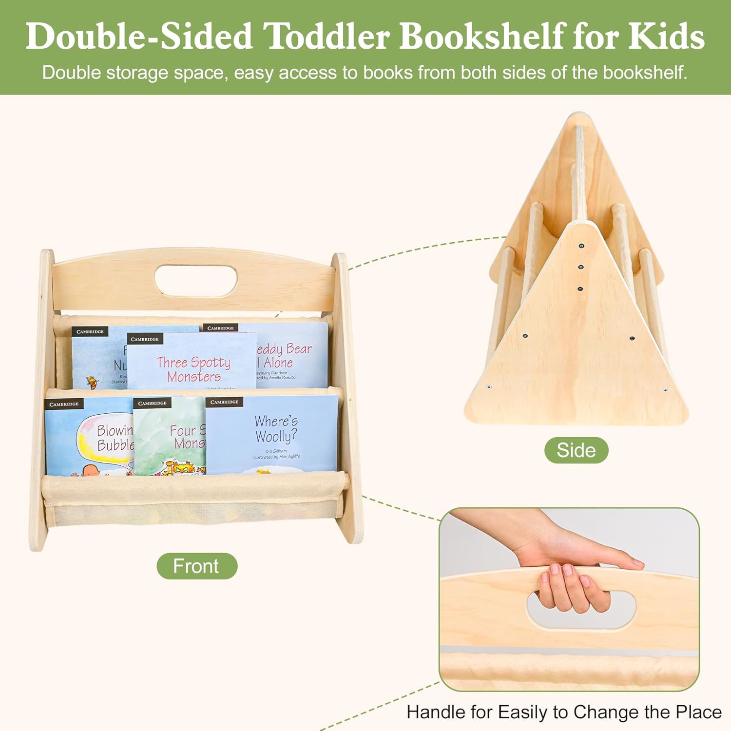 AZSKY Double-Sided Toddler Bookshelf for Kids, Montessori Bookshelf to Display Books, Sling Book Rack Organizer, Playroom Classroom Nursery Book Shelves, Wooden Kid Bookcase for Baby Girl Boy（Beige）