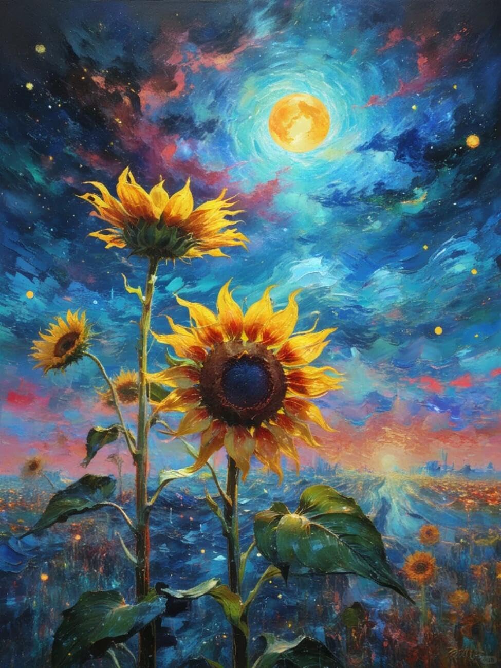 Henypt Pre Printed Cross Stitch Kit Fantasy Sunflower Flowers DIY Needlepoint Set for Beginners The Elderly with Accessories Home Wall Art 14CT 50x70cm