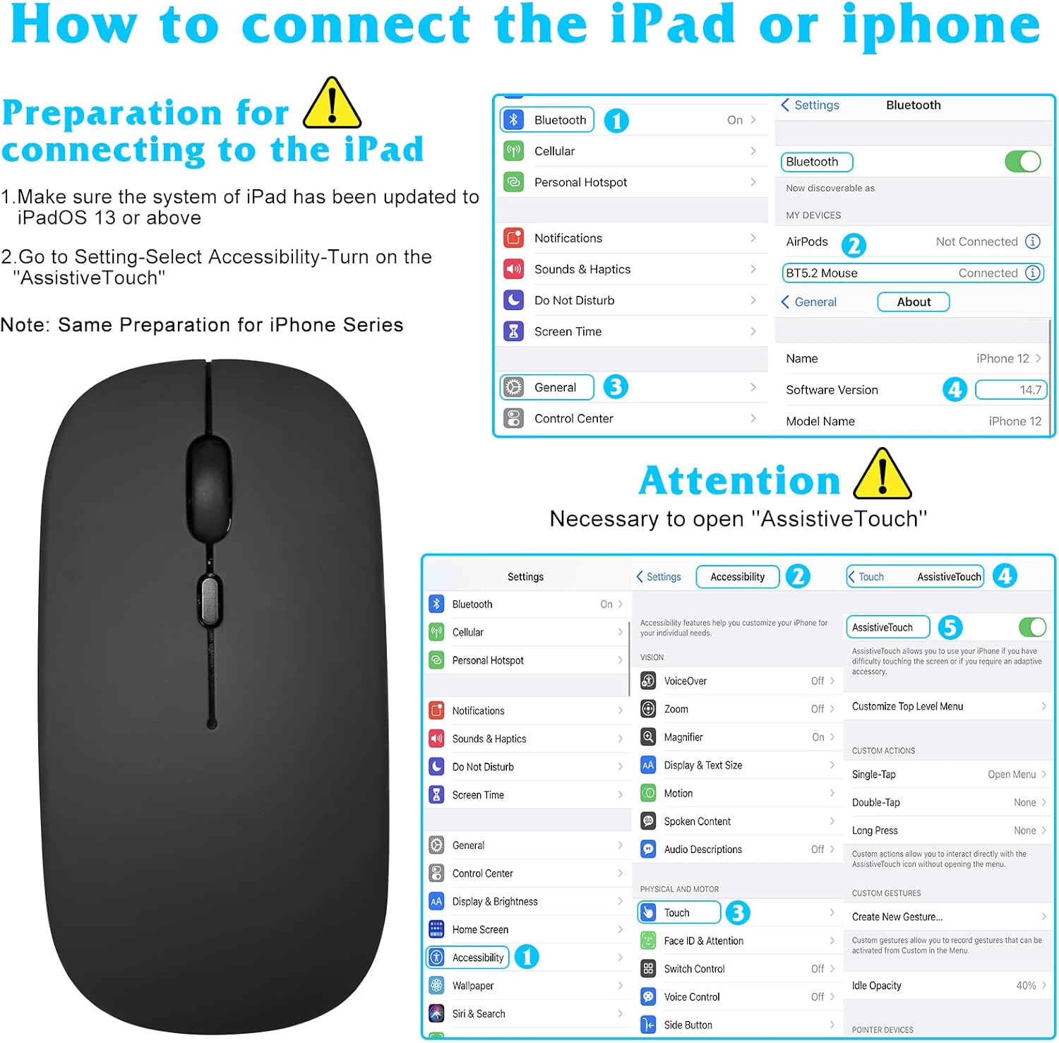 UrbanX Bluetooth Rechargeable Mouse for New ASUS VivoBook 14'' Laptop Bluetooth Wireless Mouse Designed for Laptop/PC/Mac/iPad pro/Computer/Tablet/Android Onyx Black