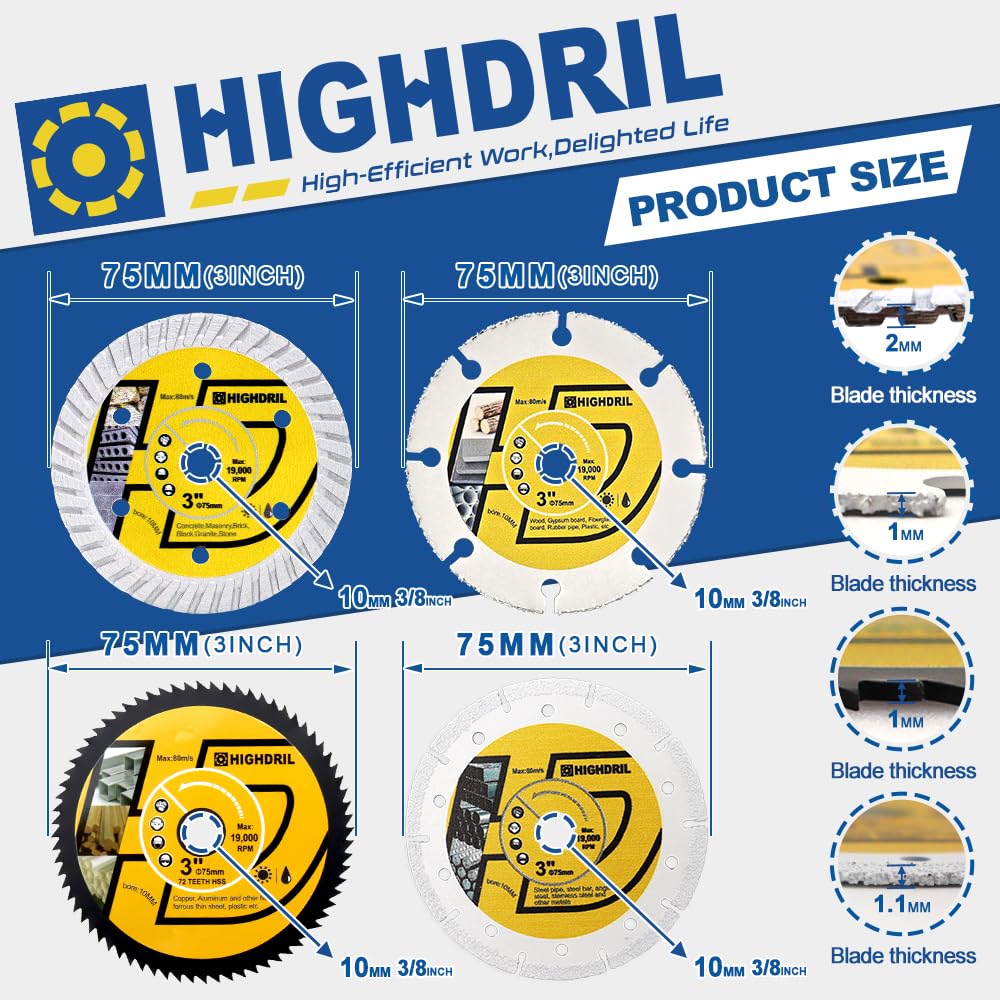 HIGHDRIL Disque à Tronçonner Diamant 75mm x Alésage 10mm - 4Pcs Béton/Bois/Acier Disque pour Béton Maçonnerie Bois Plastique Métal Découpe