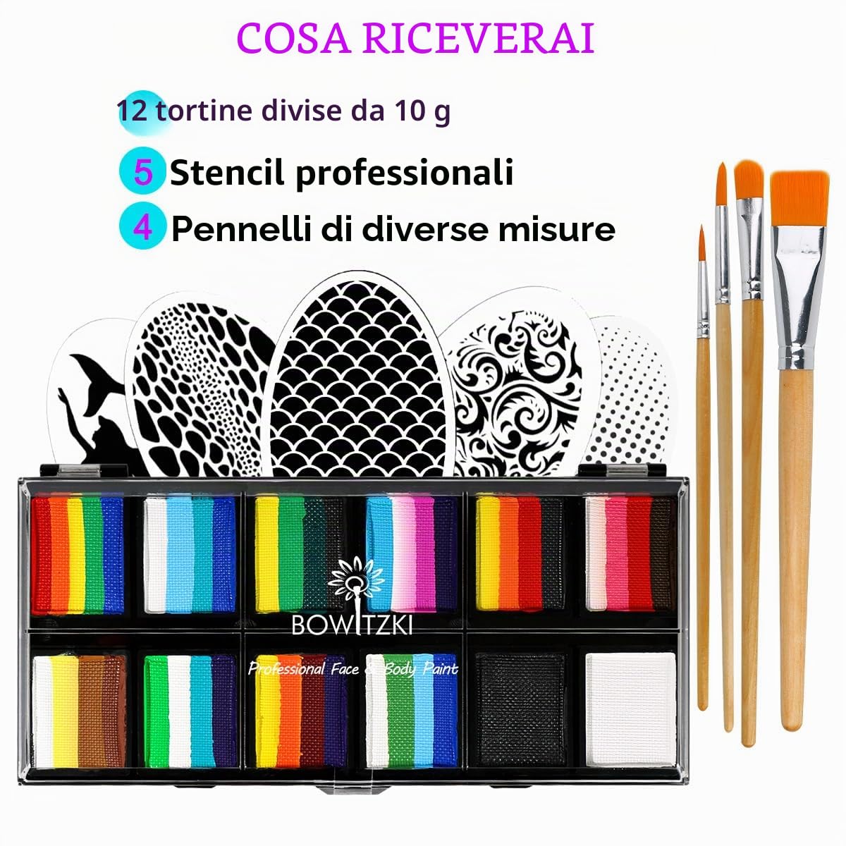 Bowitzki Set di Trucco Professionale per Bambini e Adulti 12X10G Con Stensil One Stroke Split Cake Non-Tossico per Pittura sul Corpo Arcobaleno Flora Delfino Unicorno Fiamma