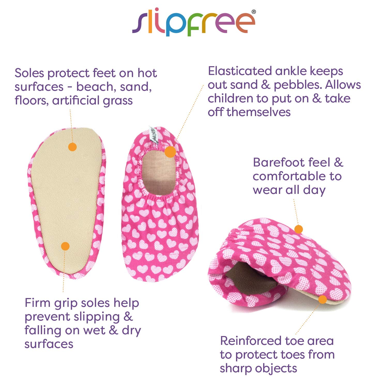 Slipfree UPF50+ - Scarpe da nuoto antiscivolo per bambini, per spiaggia, piscina e casa., Rosa (Tabby), Medium