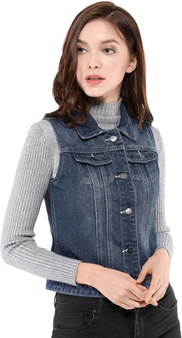 Allegra K Women's Buttoned Washed Denim Vest Jacket W Chest Flap Pockets - Image 2