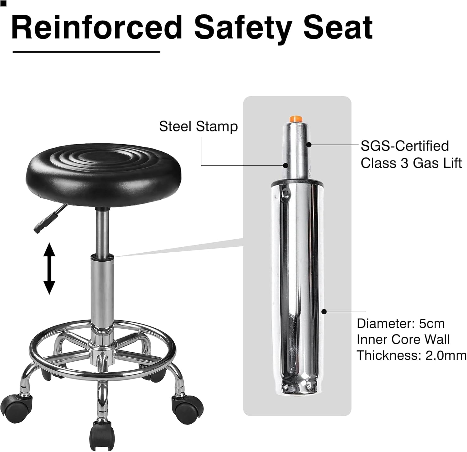 Side view of the VECELO adjustable rolling stool, showing the gas lift and footrest
