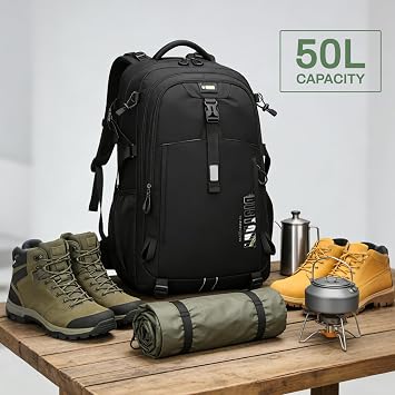 50L Large Capacity Multifunction Hiking Backpacks,Waterproof Rucksack for Men and Women, Durable Daypack for Hiking, Camping and Outdoor Adventures (Black)