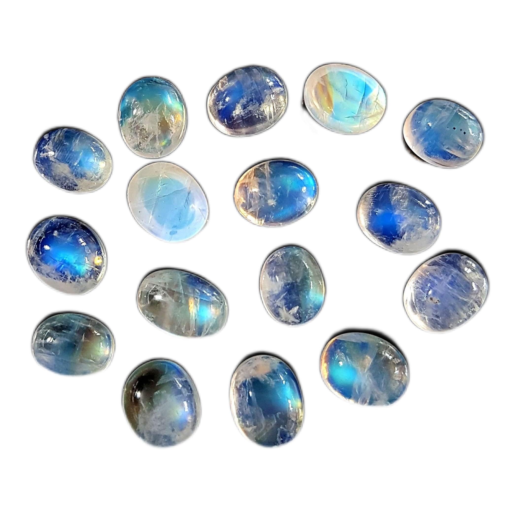 8/16 Pcs. Lot Natural White Rainbow Moonstone Gemstone Oval Shape Cabochons Flat Back Blue Flashy Fire Size 7x9 to 8x10 MM [LQB 262]