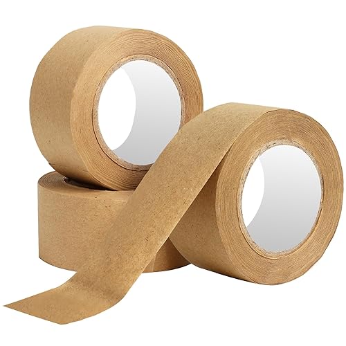 wexpw Paquete de 3 cintas de papel kraft engomadas activadas por agua, cinta de goma kraft marrón para enmarcar fotos, embalaje seguro, adhesivo