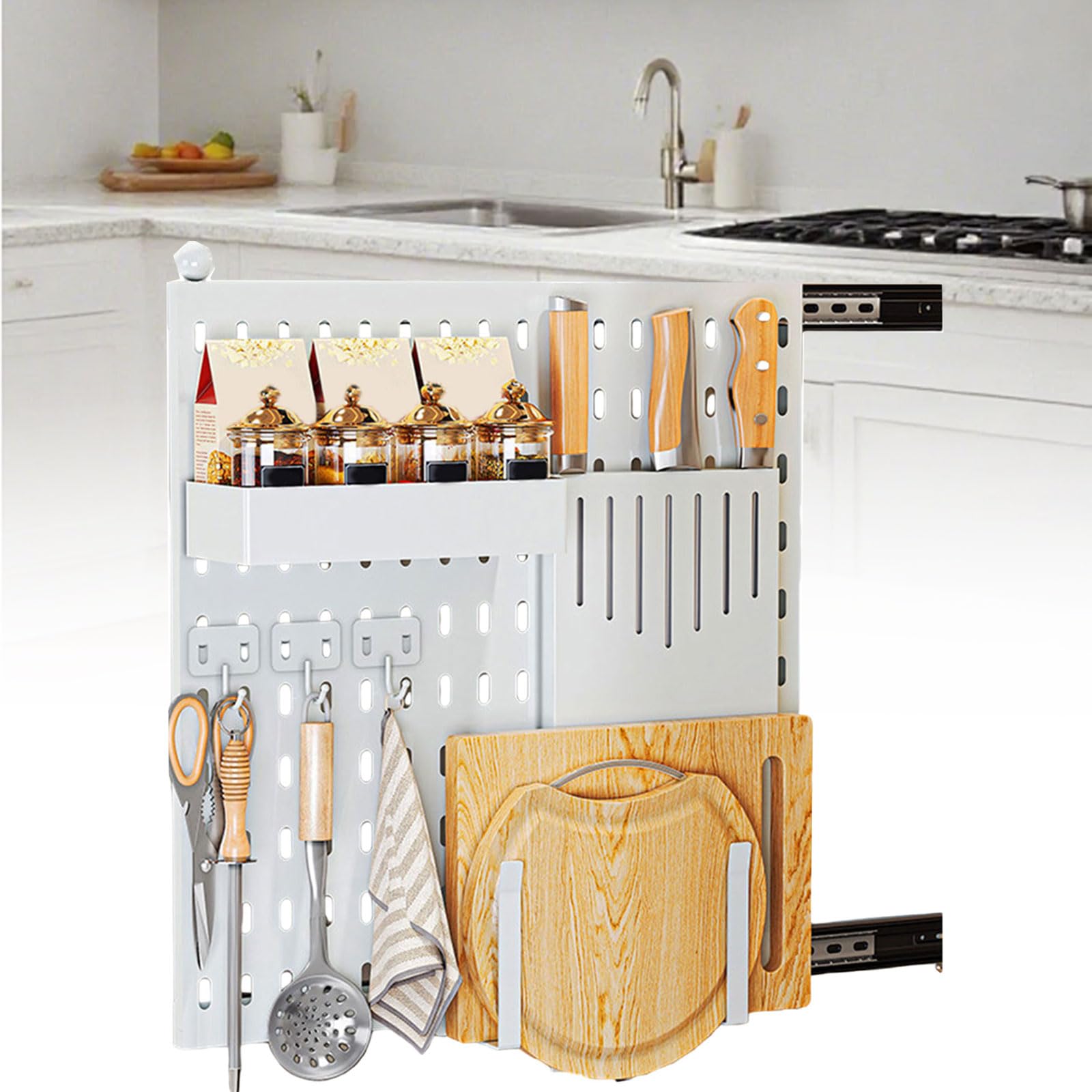Organizador extraíble de cocina vertical para armarios estrechos en metal blanco