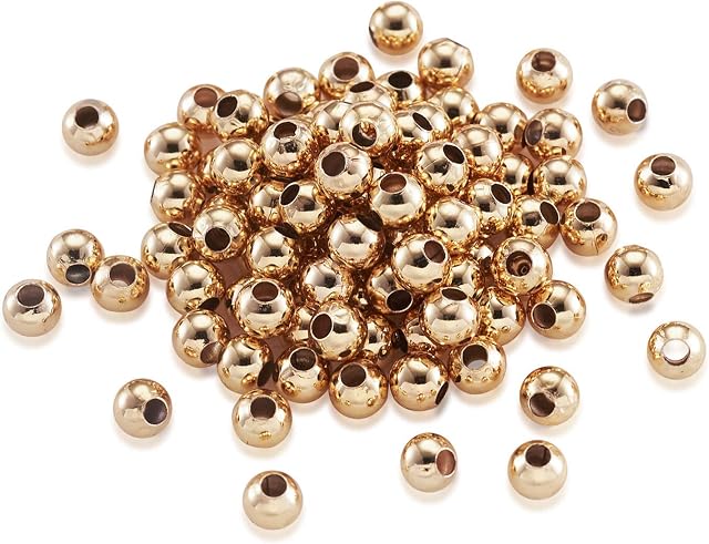 Cheriswelry 400pcs Round Spacers Bead 3mm Real 18K Gold Plated Brass Metal Tiny Smooth Ball Bead Charms for Jewellery Bracelet Crafts Making Hole:1mm