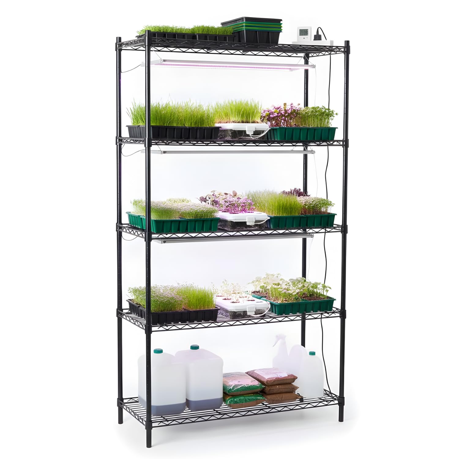 Heavy Duty 5-Shelf Adjustable Wire Rack (76L x 35W x 185H cm) for Microgreens & Hydroponics – Multi-Purpose Indoor/Outdoor Farming & Nursery Storage Shelving, Black