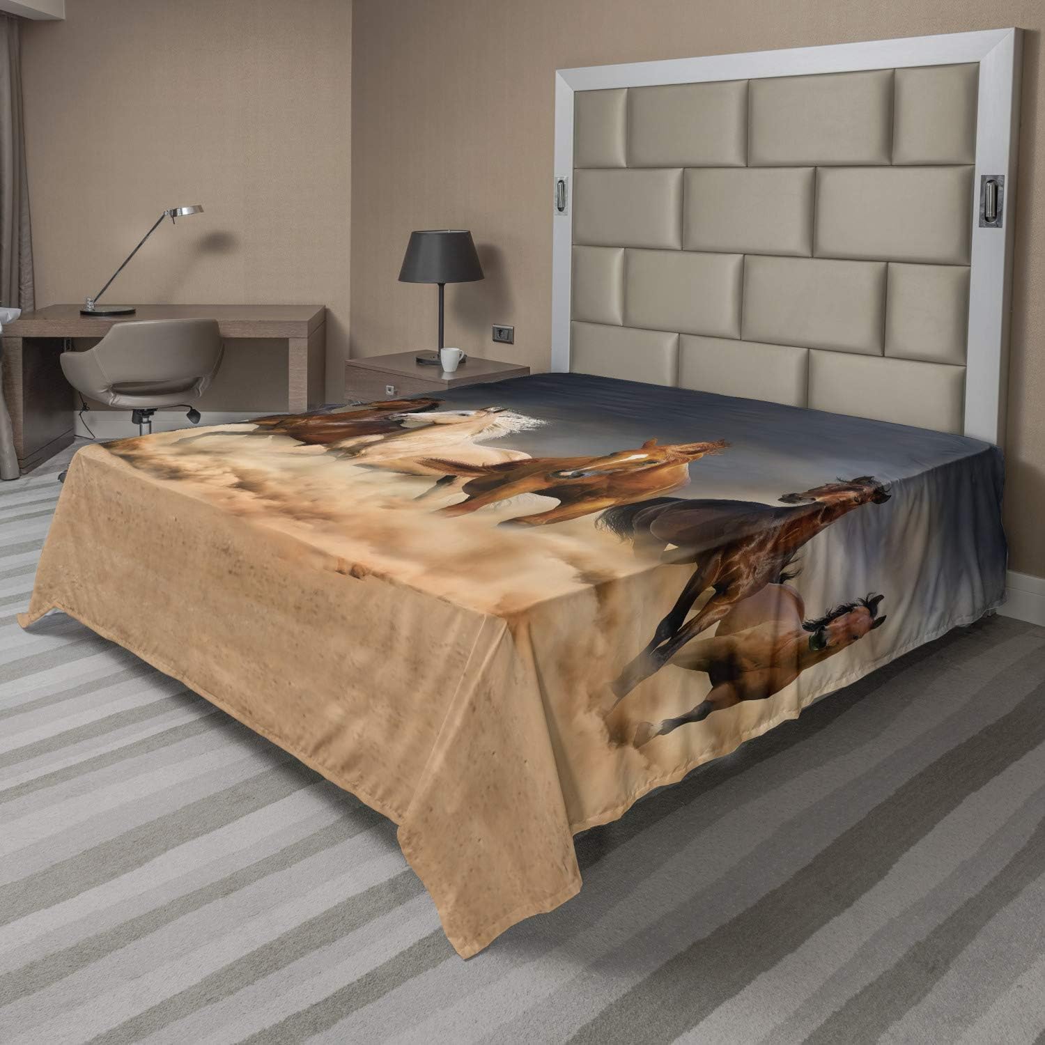 Ambesonne Horse Flat Sheet, Equine Themed Animals Galloping in The Sand Running Horses Pattern, Soft Comfortable Top Sheet Decorative Bedding 1 Piece, Queen Size, Brown Charcoal