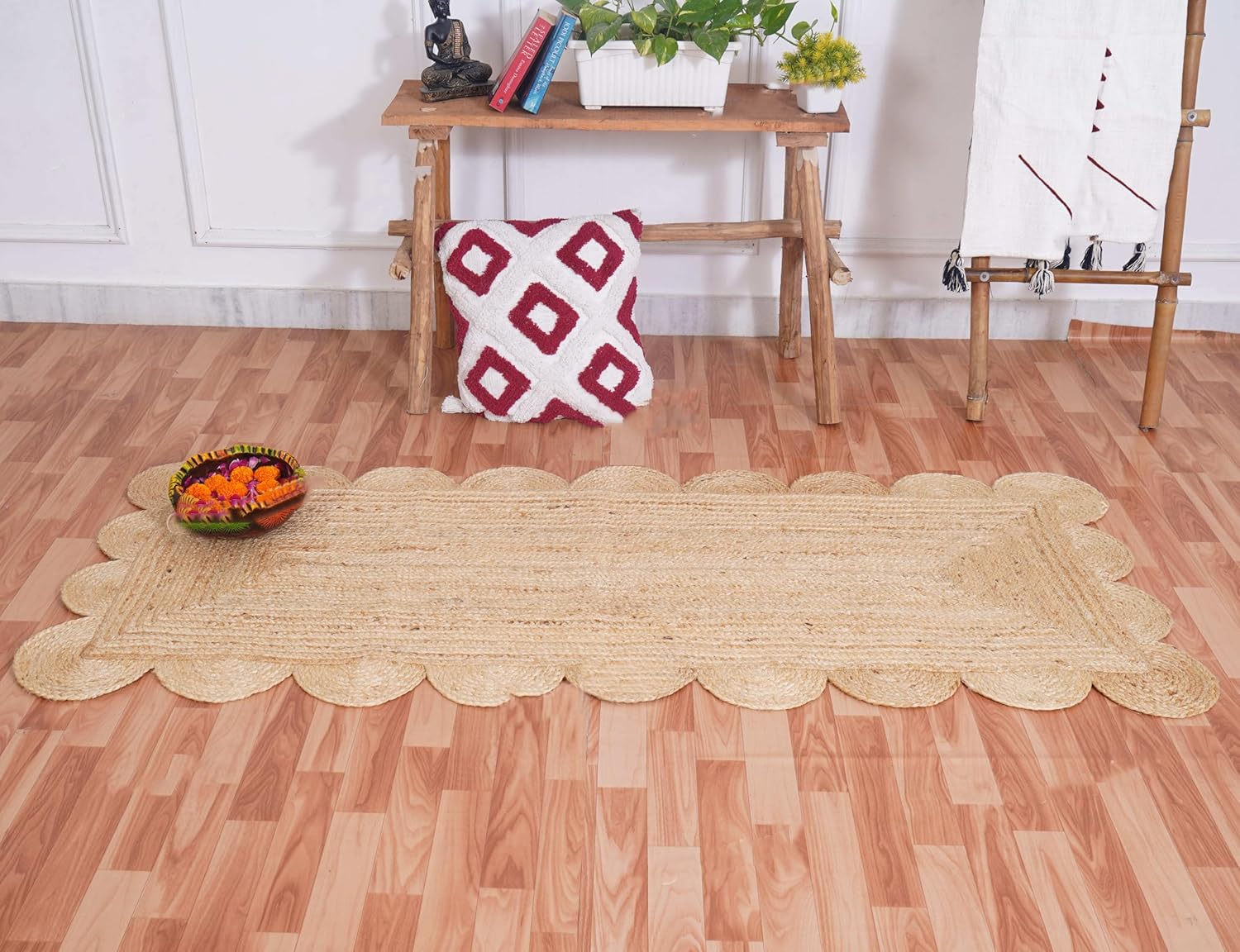 Mrida Weave Handwoven Scalloped Jute Area Rug – Natural Floor Carpet Mat for Living Room, Bedroom, Dining & Entryway Home Décor- 2.6x9 Feet (79 cmx274 cm) - Natural