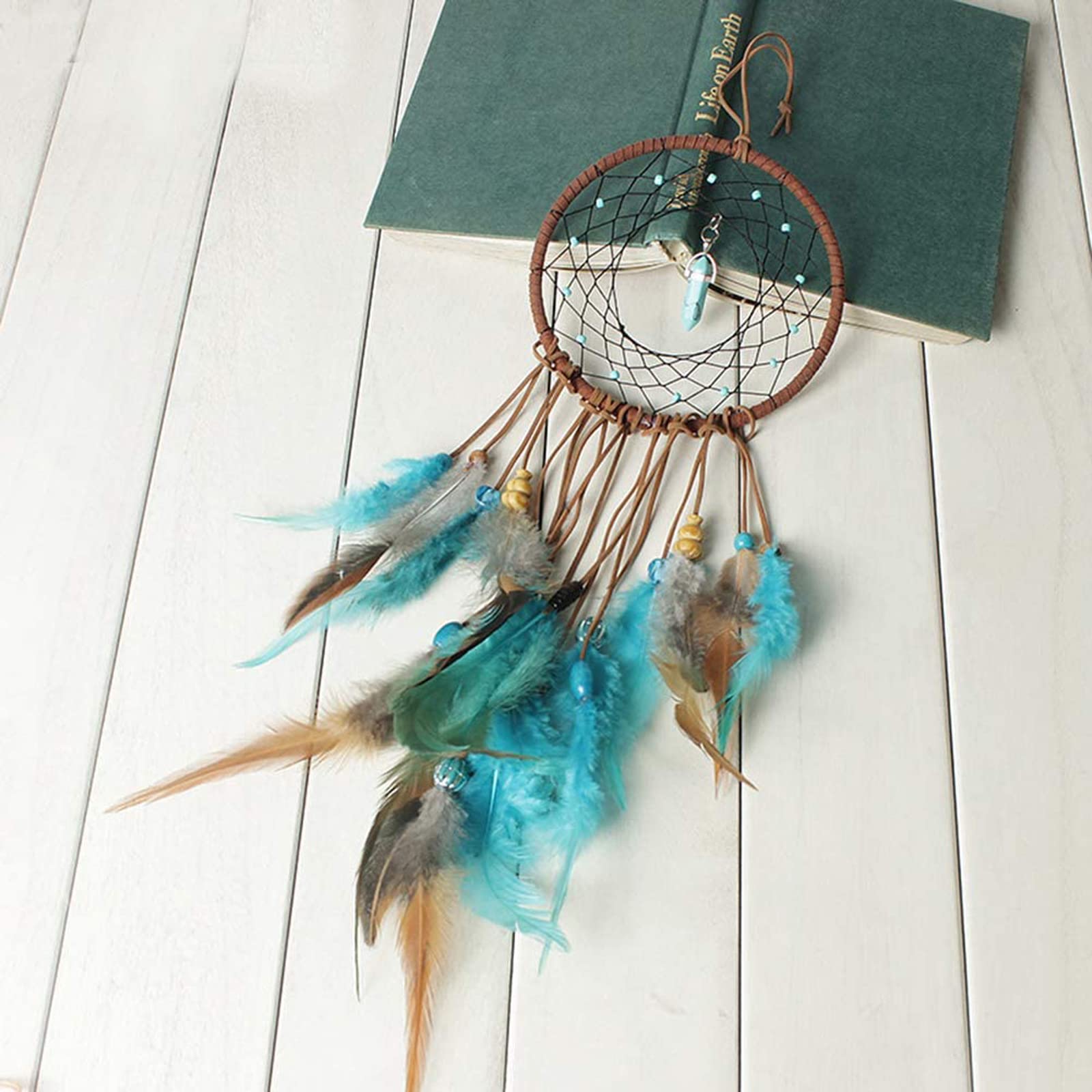 Attrape-rêves Handmade Avec Plumes Bleu - Décoration Chambre Ou Salon - Diamètre 19.7 Cm