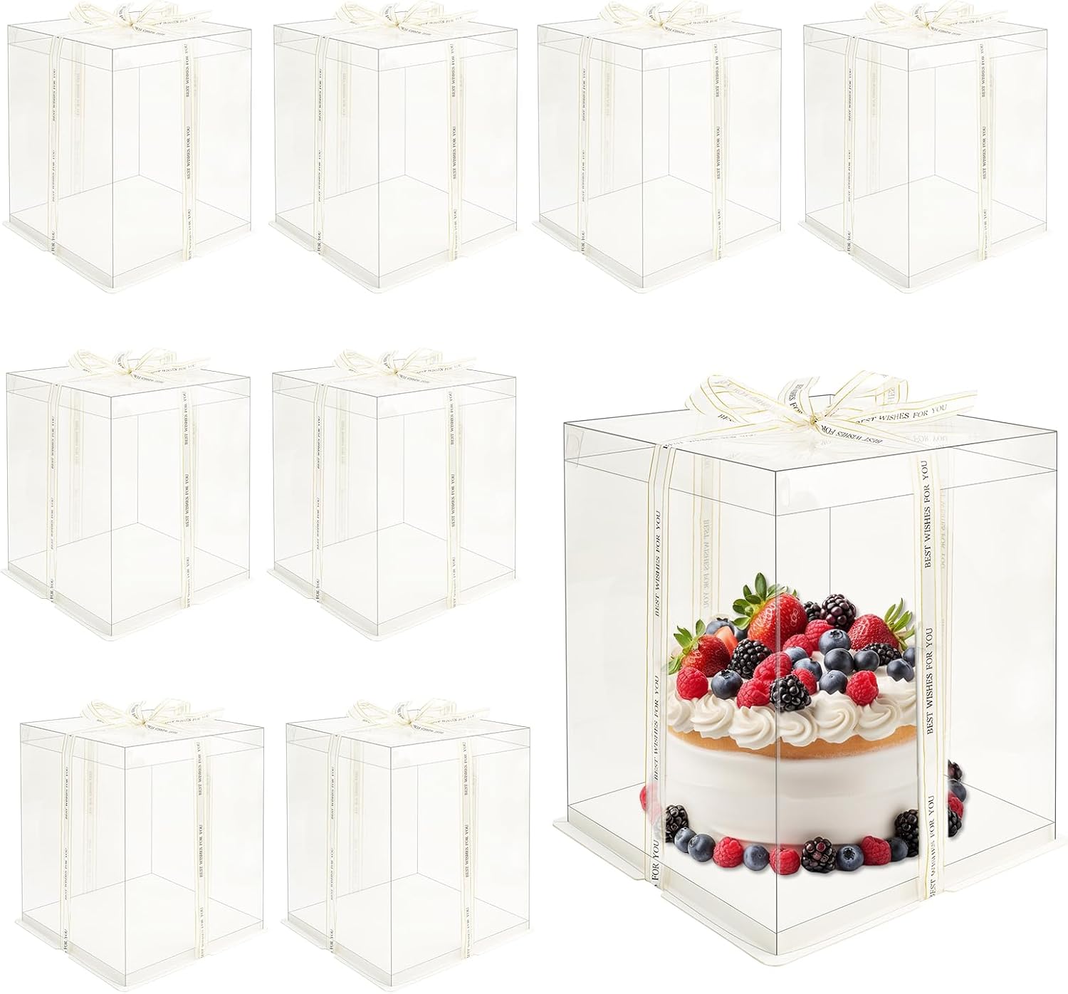 8 Pcs 10x10x12Inch Clear Cake Box with Ribbon, PET Tall Cake Boxes, Clear Gift Boxes for 8 Inch Cake, Bakery Transport Container, Transparent Display Box for Birthday Wedding Party
