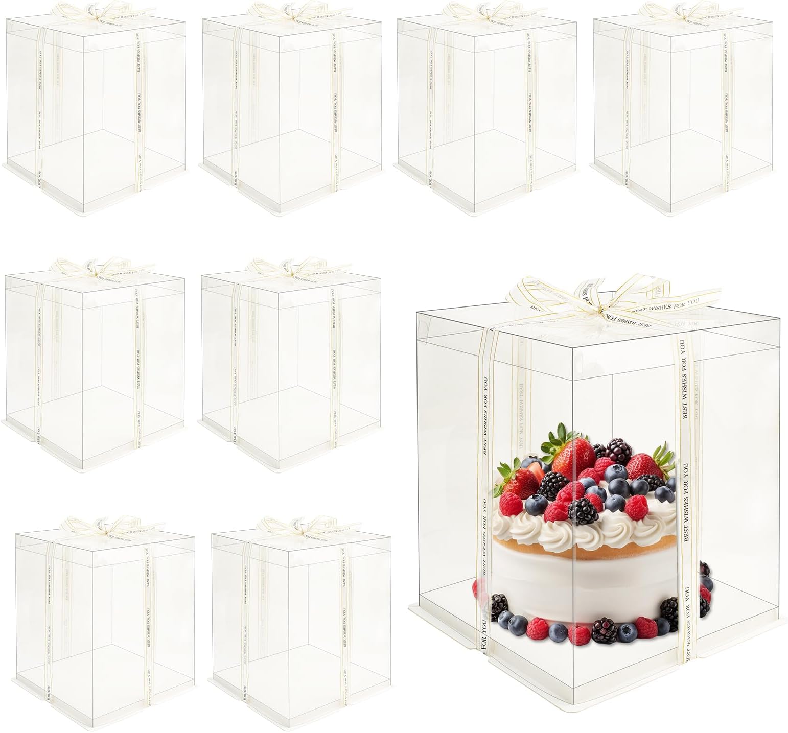 8 Pcs 10x10x12Inch Clear Cake Box with Ribbon, PET Tall Cake Boxes, Clear Gift Boxes for 8 Inch Cake, Bakery Transport Container, Transparent Display Box for Birthday Wedding Party