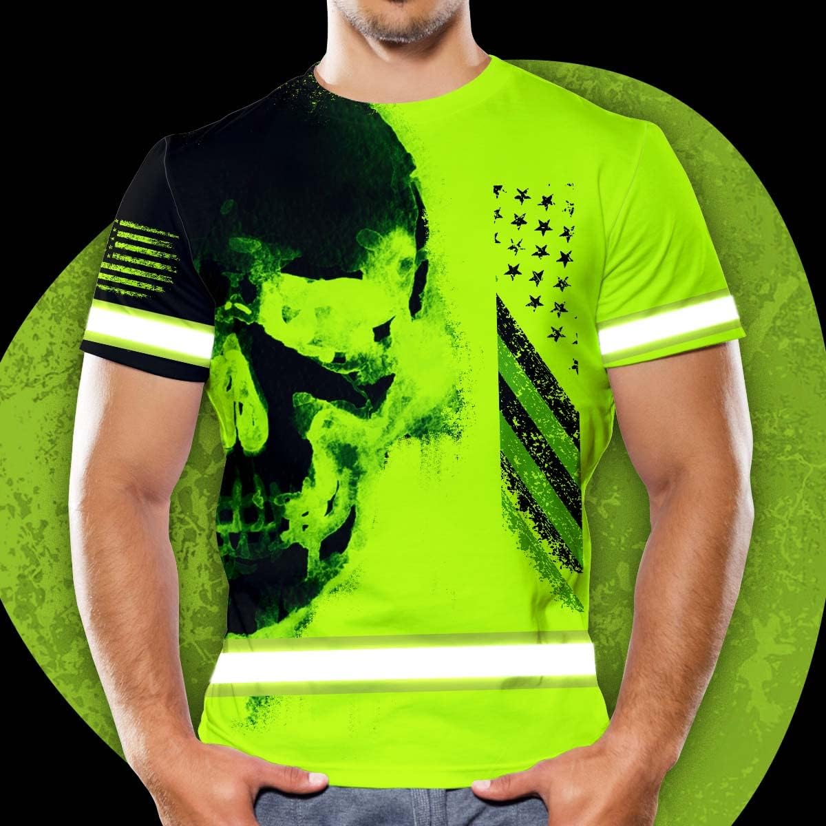 Matedecor High Visibility Shirt for Men Reflective Safety Shirts US Flag Custom Name for Workwear Runners, Walkers, Patriotic