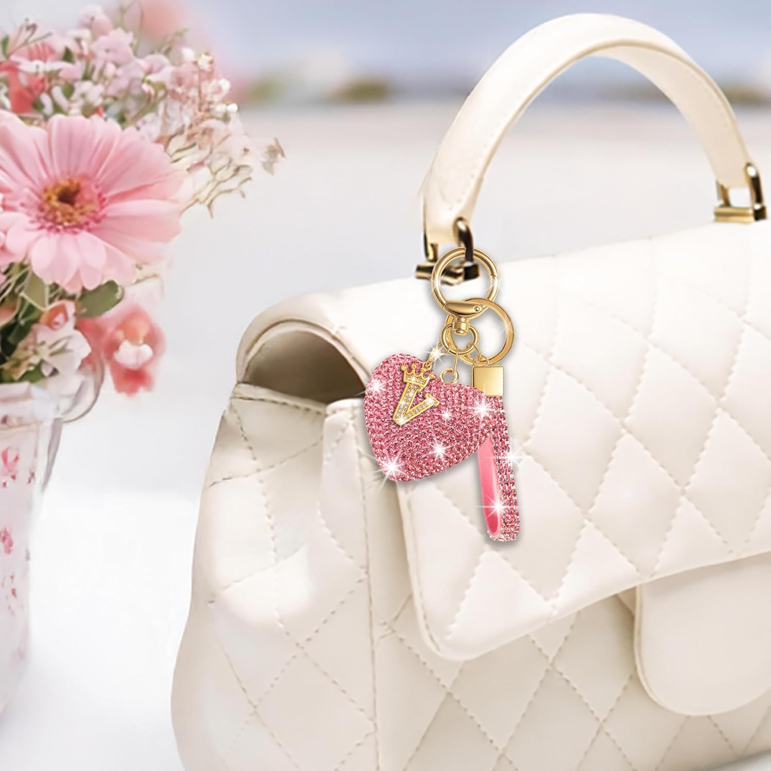 Bling Initial Letter Heart Keychain for Women – Glitter Rhinestone Personalized Bag Charm Wristlet – Sparkly Valentines Gift - Image 8