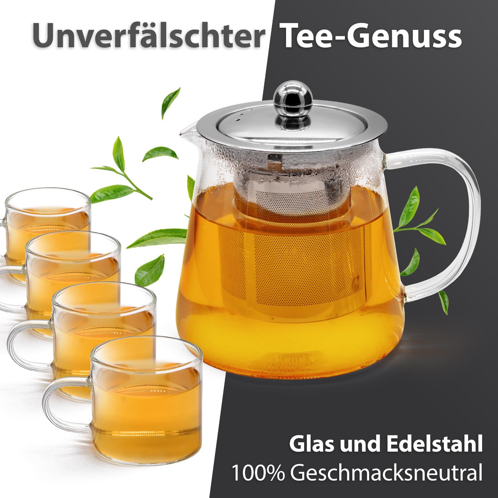 t24 Teiera in vetro con setaccio, resistente al calore, estraibile, filtro in acciaio inox (1700 ml) (600 ml + 4 x 100 ml)