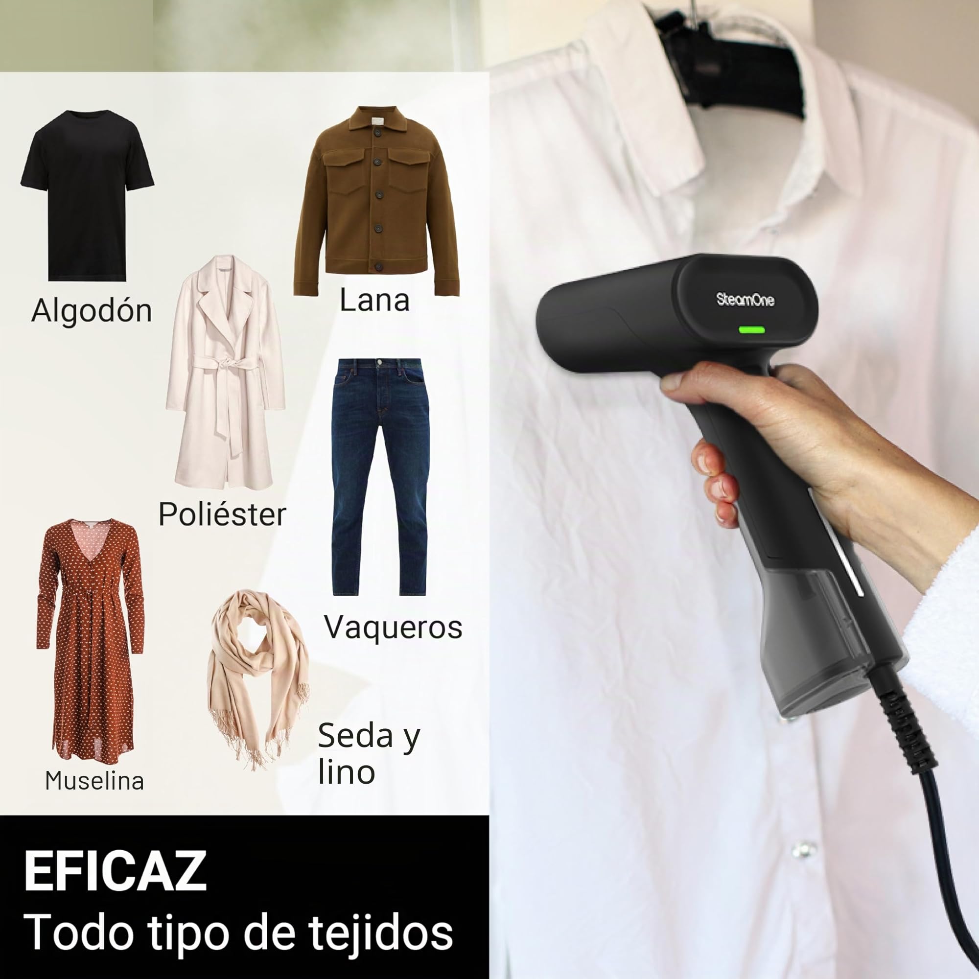 SteamOne - Plancha de vapor 1800 W, 28 g/min - Autonomía de 4min, depósito de 120 ml, lista en 35s - Elimina el 99,99% de los virus, gérmenes y bacterias - Simon XL EUDTC120B