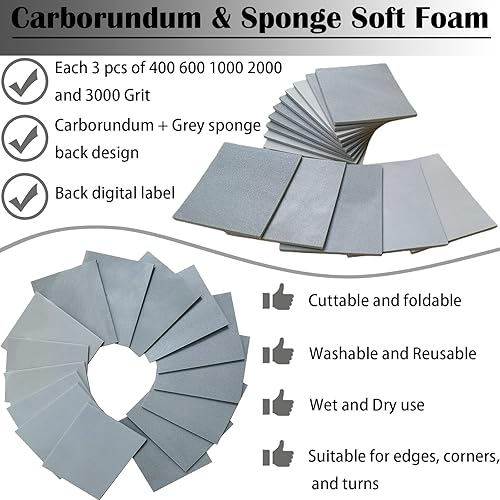 Miniatura 5 de Juego de 15 esponjas de lijado de grano 400-3000, hoja de esponjas de lijado de manos húmedas o secas de 4.5 x 5.5 pulgadas, bloque de arena de