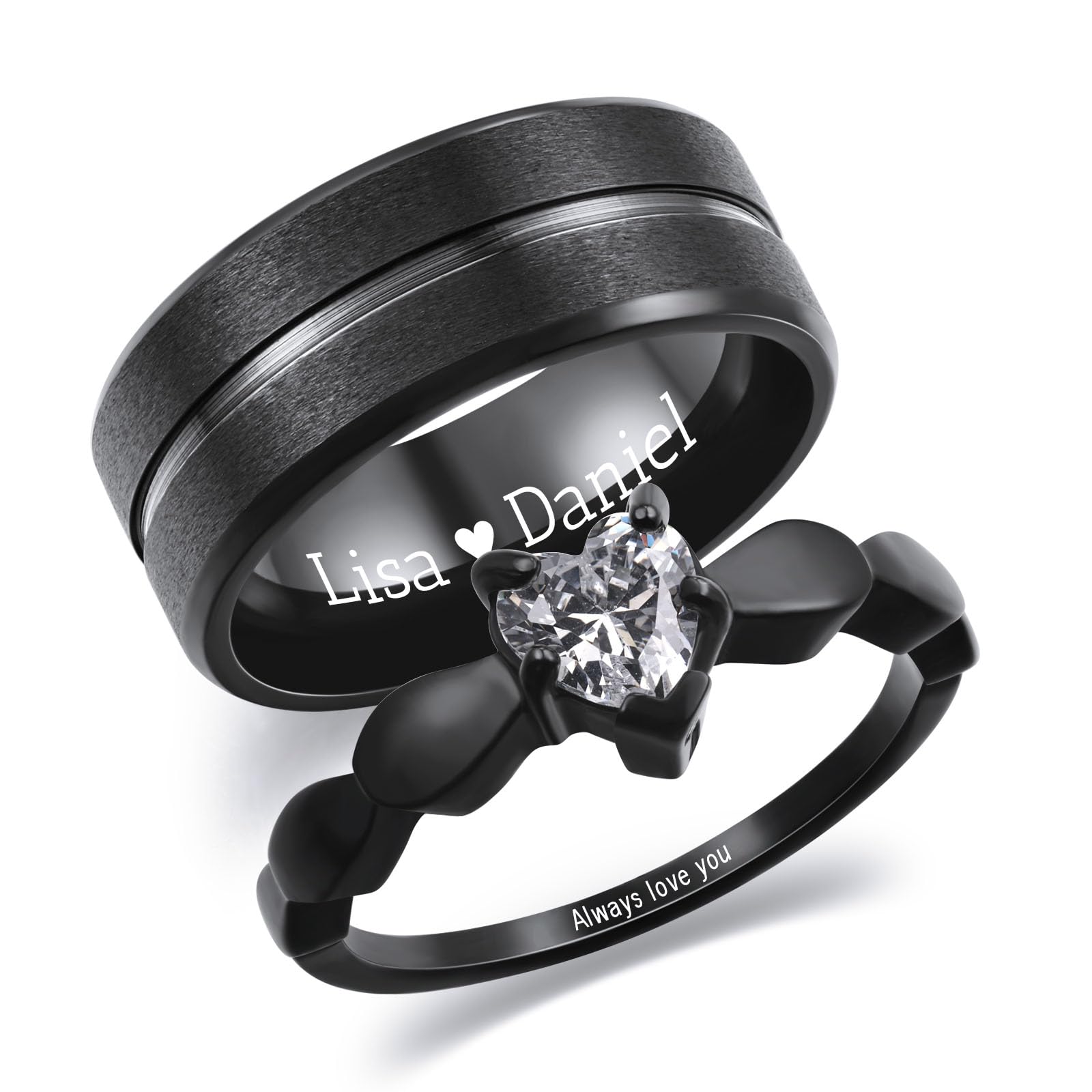 INBLUEAnillos de Promesa Personalizados para Parejas Anillo de Texto Grabado con Piedra Preciosa Corazón Anillos de Acero Inoxidable a Juego para Pareja en Boda de Compromiso