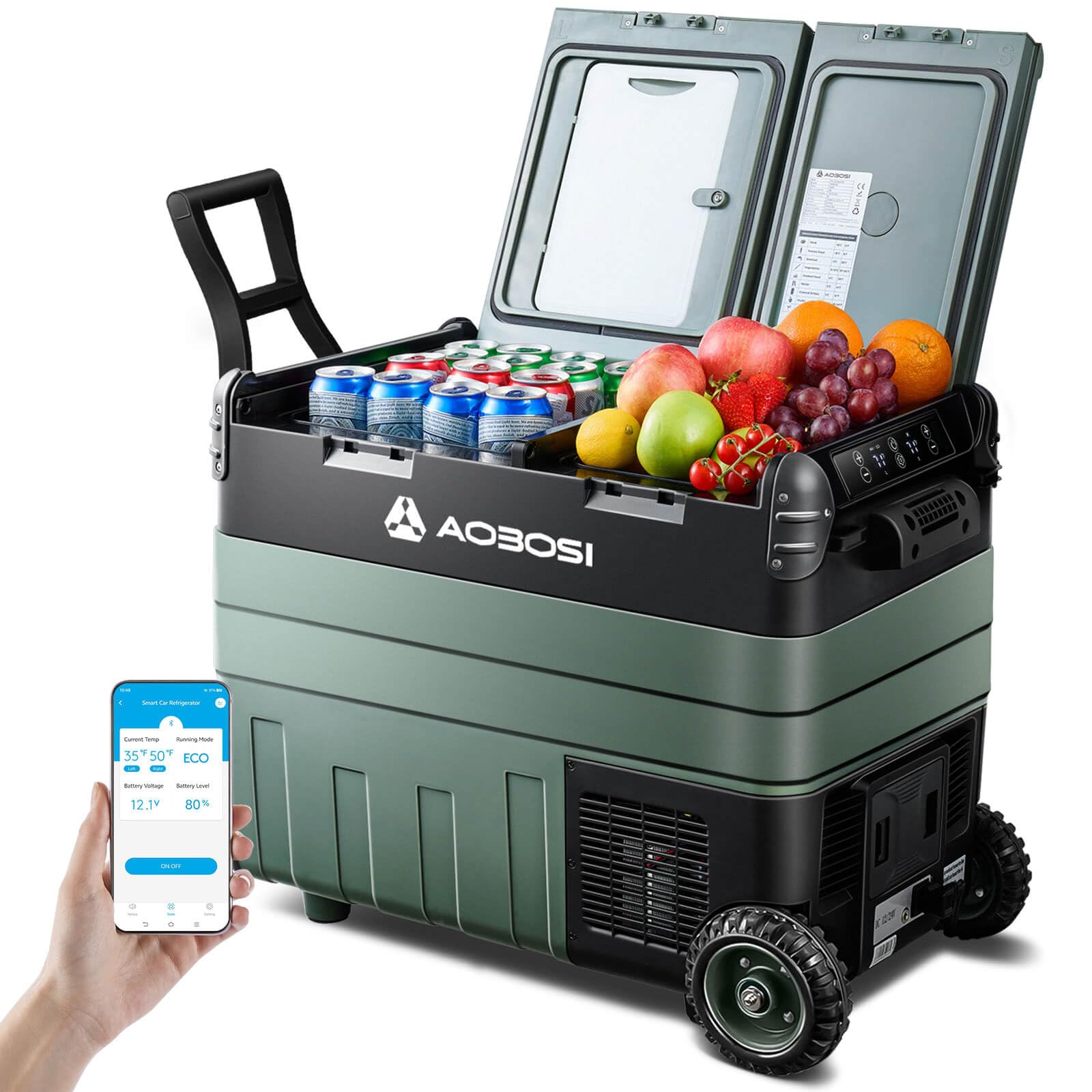 AAOBOSI 50L Nevera Portatil Electrica, Doble Zona, Nevera Coche con APP, Iluminación LED, 12/24V y 100-240V, Puerto de Carga USB, -20°C a 20°C, Nevera 12V con Compresor para Viajes al Aire Libre