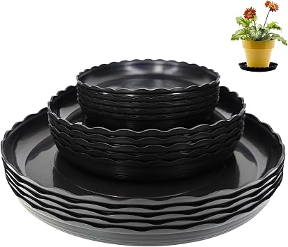 15 Pcs Plant Saucer Set, 6, 8, 10 Inch Plastic Pot Trays, Flower Planter Saucers, Drip Trays for Indoor/Outdoor, Sturdy Plant Plate Water Catcher Black