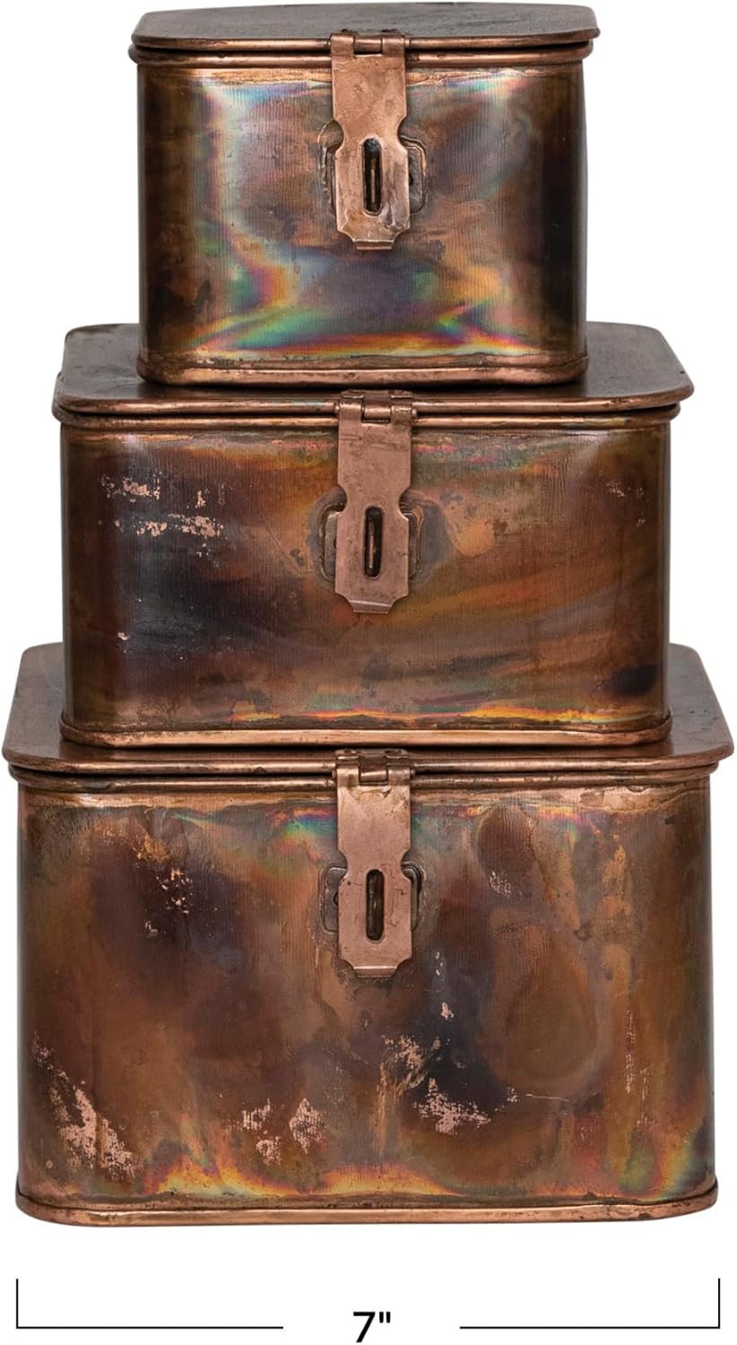Creative Co-Op Decorative Metal Boxes with Lid, Burnt Copper Finish, Set of 3