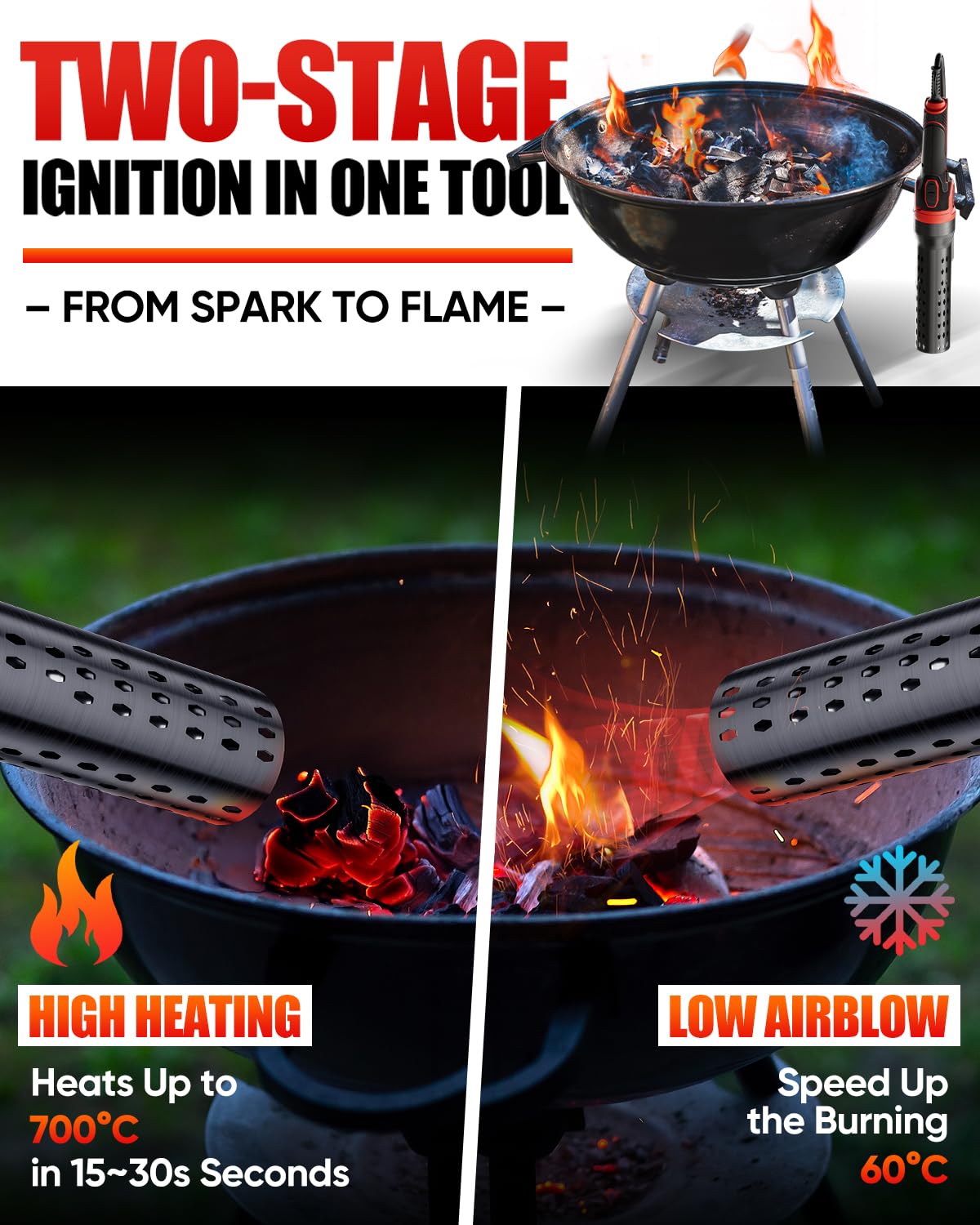 Allume-Charbon électrique 2000 W 700 °C 3 m câble soufflerie air barbecue cheminée bois gants inclus