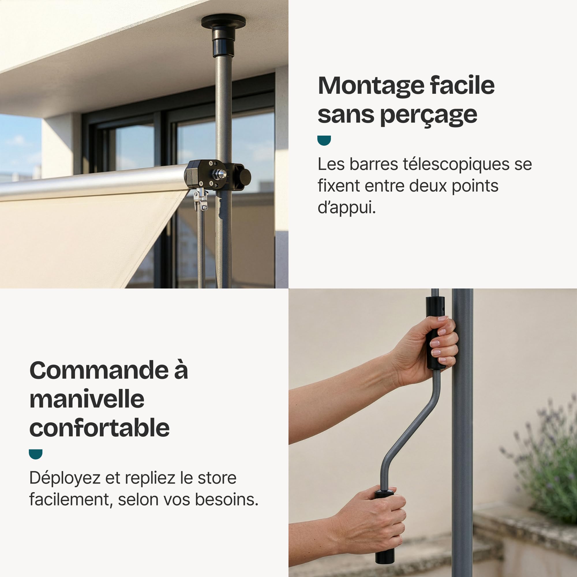 pro.tec Store Banne Manuel Rétractable pour Terrasse Marquise Soleil de Balcon Auvent Téléscopique Hauteur et Inclinaison Réglable sans Perçage Acier Polyester 150 x 120 x 220-309 cm Sable