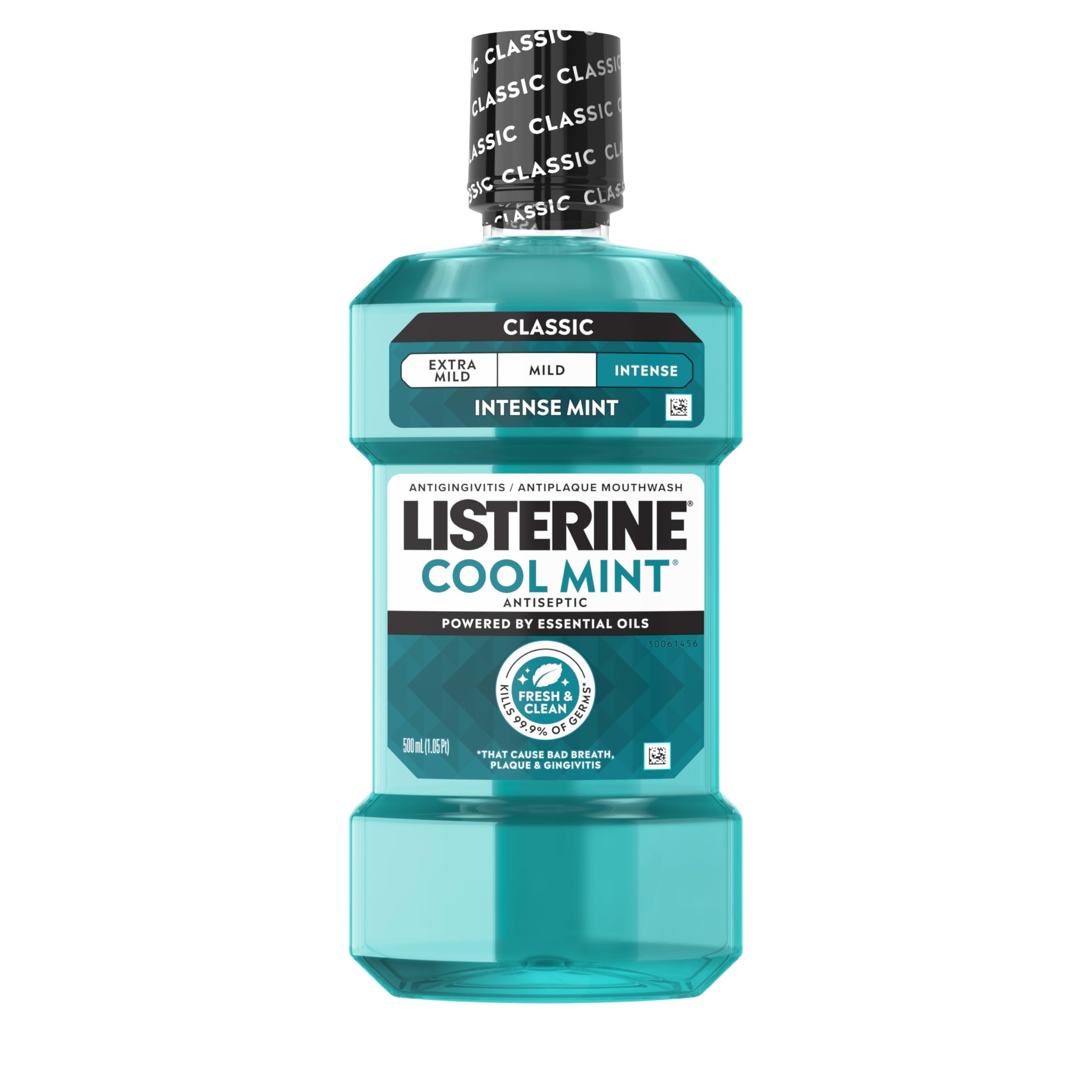 Listerine Cool Mint Intense Antiseptic Mouthwash, Daily Oral Rinse Kills 99.9% of Germs That Cause Bad Breath, Plaque and Gingivitis. for a Fresh, Clean Mouth, Intense Mint Flavor, 500 mL