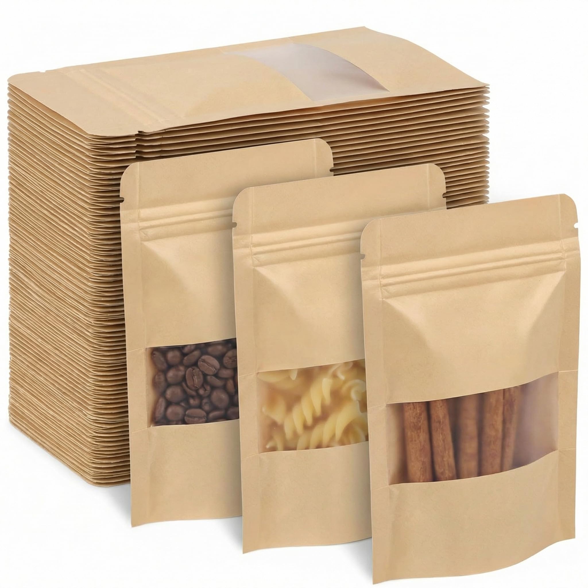 QWORK® 55pcs 9x14cm Kraft Paper Bags With Window, Stand Up Pouches, Sealable Bags, For Coffee Beans, Seed, Leaves, Sweet