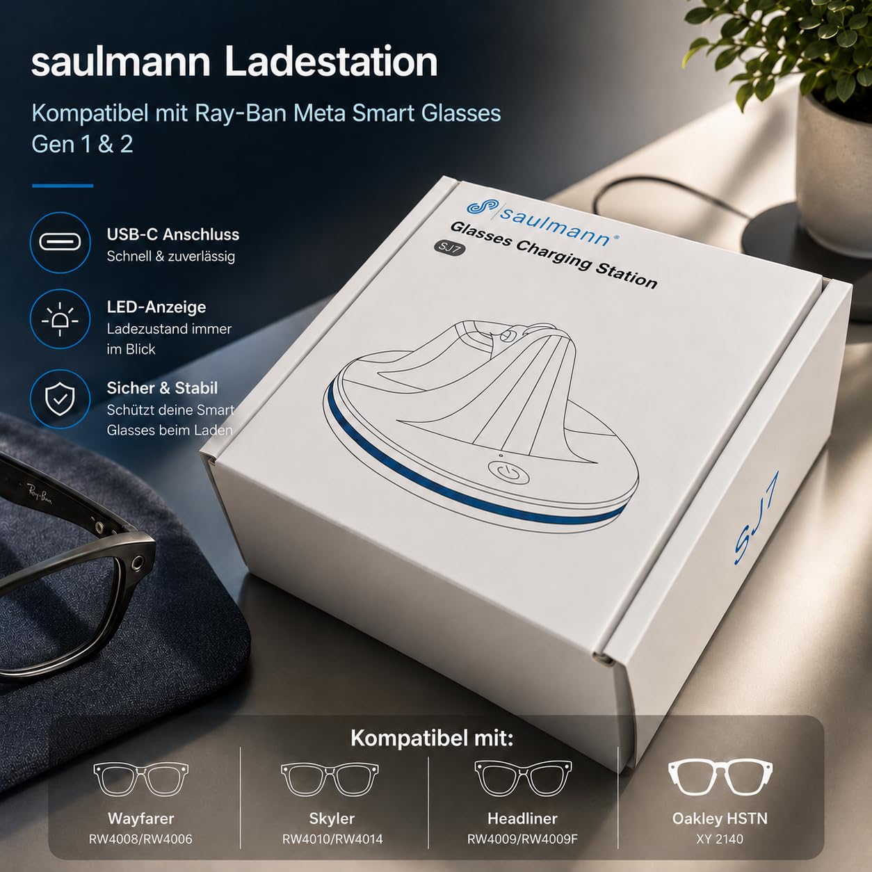 Saulmann Stazione di ricarica e cavo compatibile con Ray-Ban Meta Smart Glasses Gen 1 & 2 con indicatore LED USB-C. Incl. 2 x LED Blocker - SJ7 BIANCO