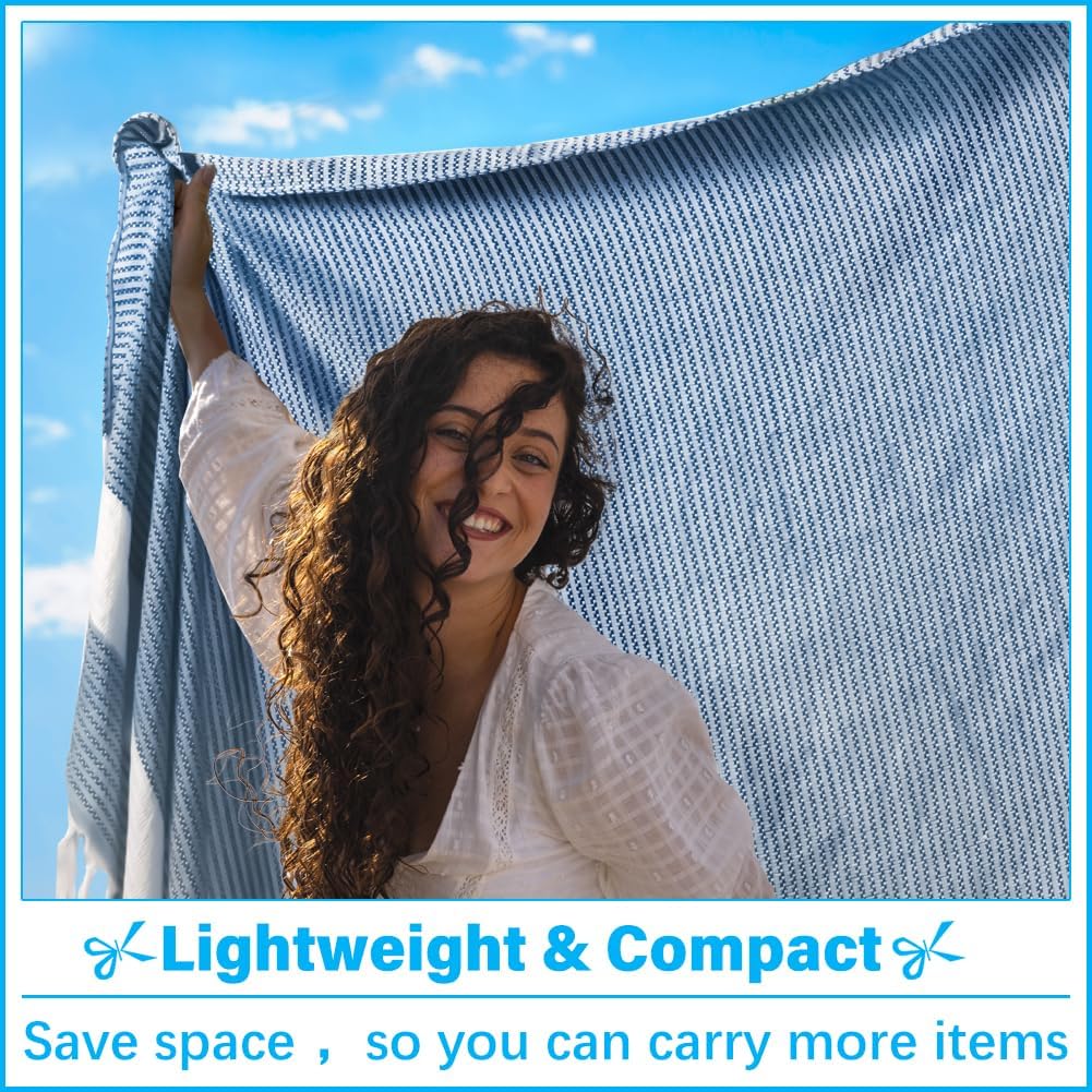 Oversized Turkish Beach Towel Blanket XXL Cotton Sandproof Towels Boho Woven Extra Large Big Sand Free Giant Throw Blankets Huge Quilt XL Picnic Camping Necessities Cloud For Adult Gifts Blue - Image 3