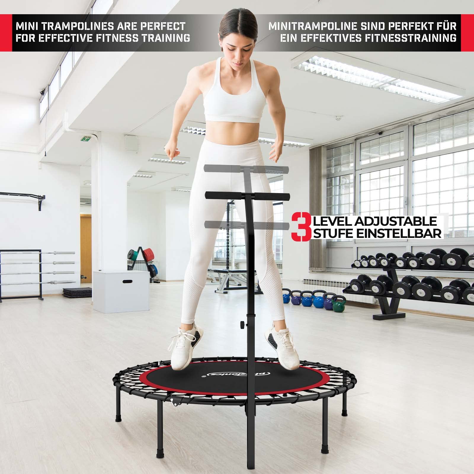 Physionics® Mini trampolino per fitness, pieghevole, manico regolabile in altezza, diametro 101 cm, fino a 120 kg, uso interno/esterno, colore a scelta, trampolino da palestra, aerobica per adulti e